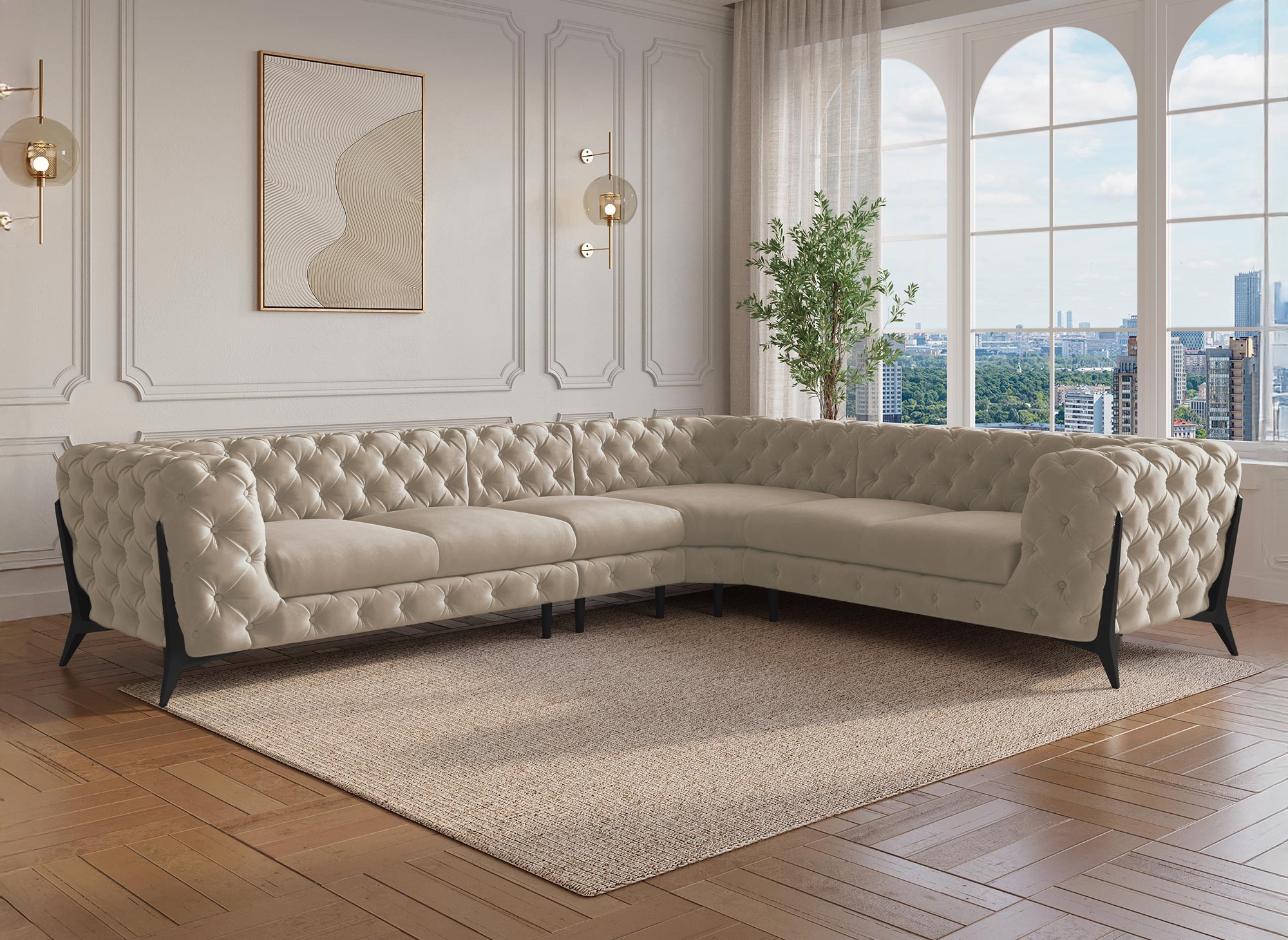 Canapé capitonné chesterfield d'angle réversible en velours beige CARMEN