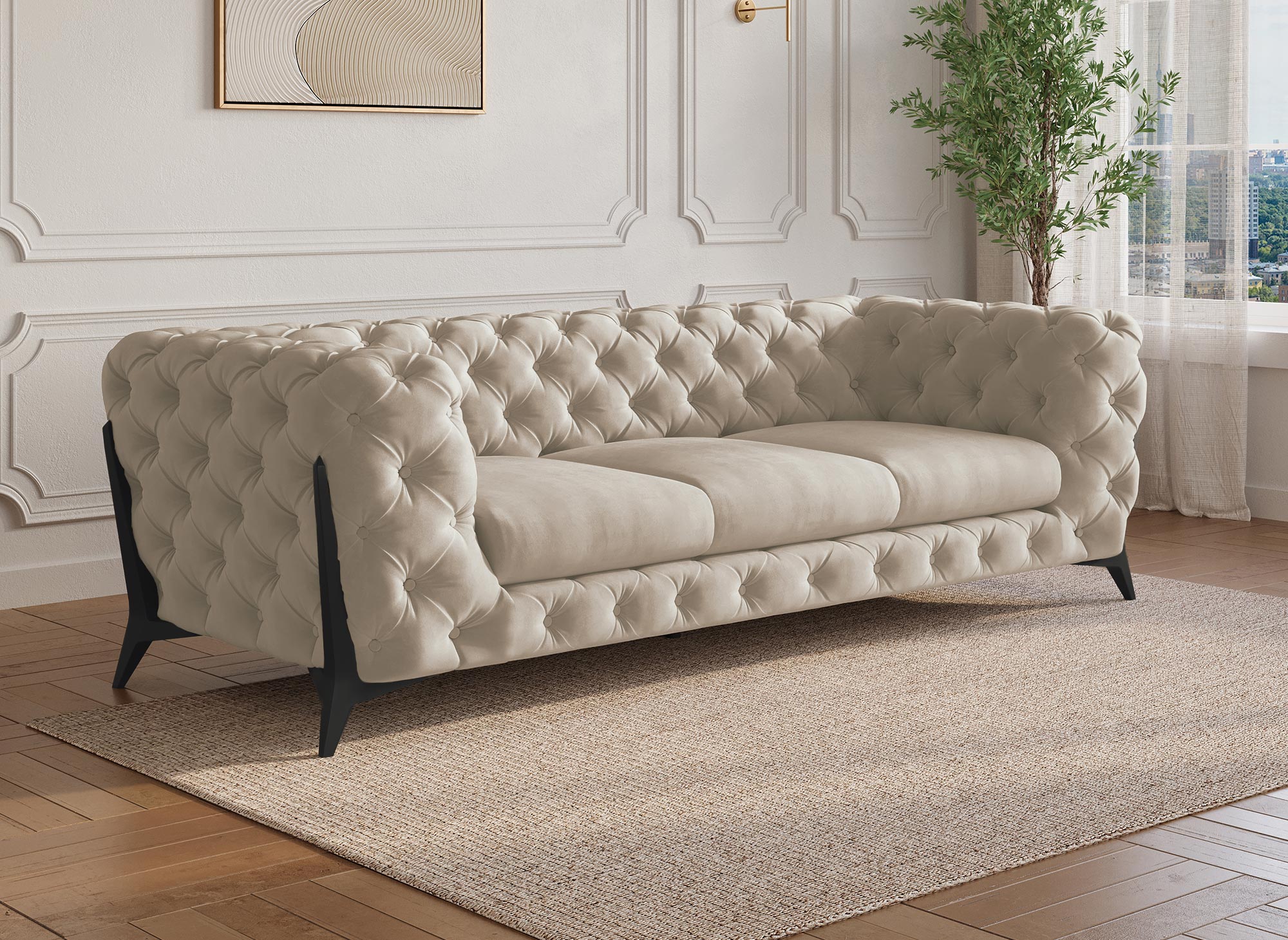 Canapé 3 places capitonné chesterfield velours beige CARMEN