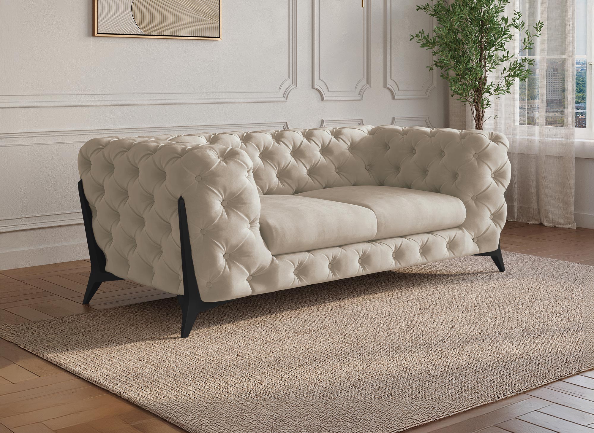 Canapé 2 places capitonné chesterfield velours beige  CARMEN