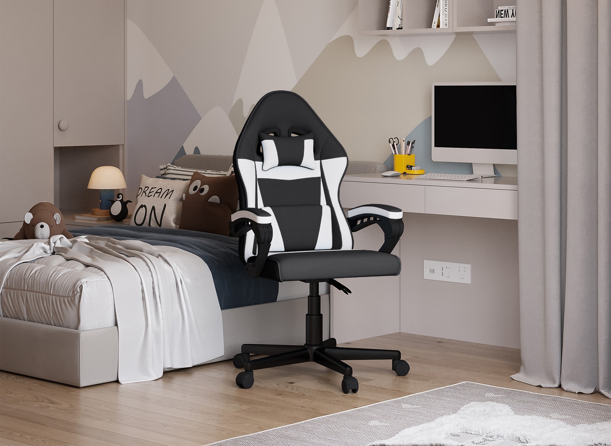 Fauteuil de bureau enfant en tissu noir et blanc GHOST