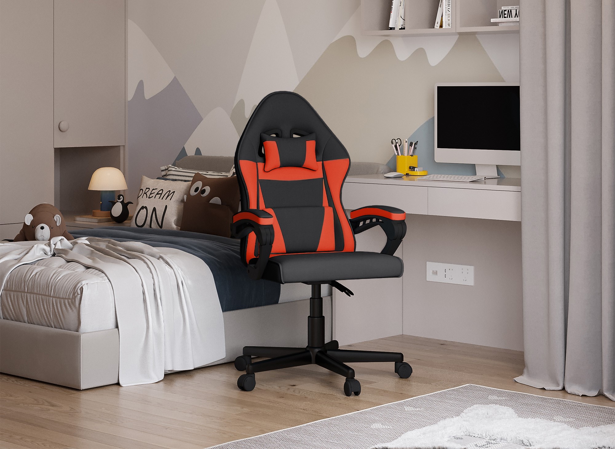 Fauteuil de bureau enfant en tissu noir et rouge GHOST