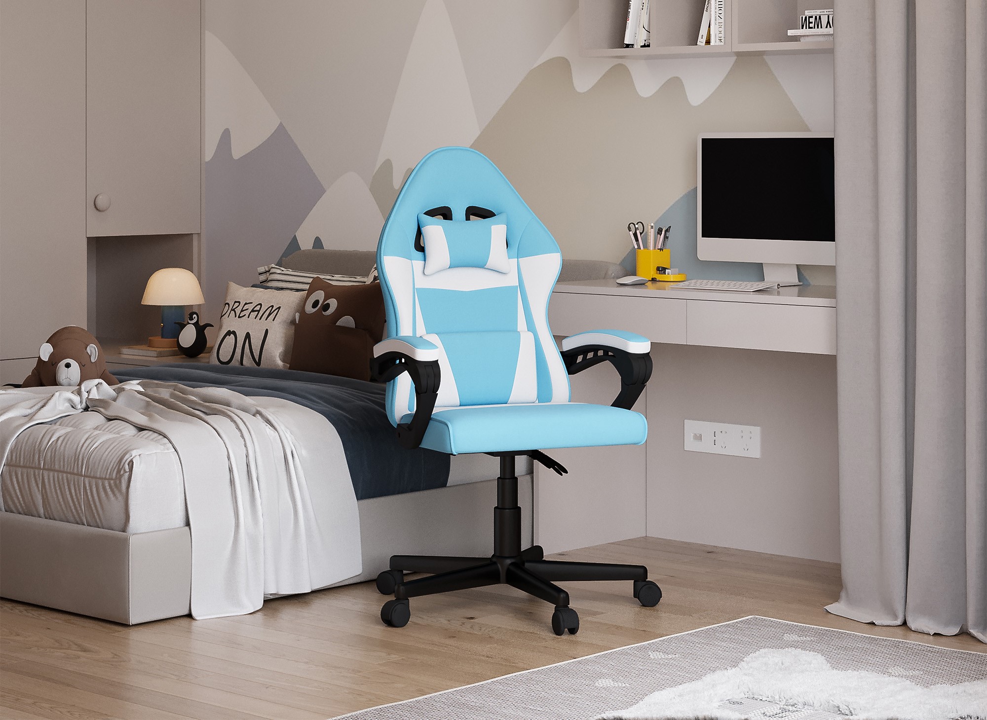 Fauteuil de bureau enfant en tissu bleu et blanc GHOST