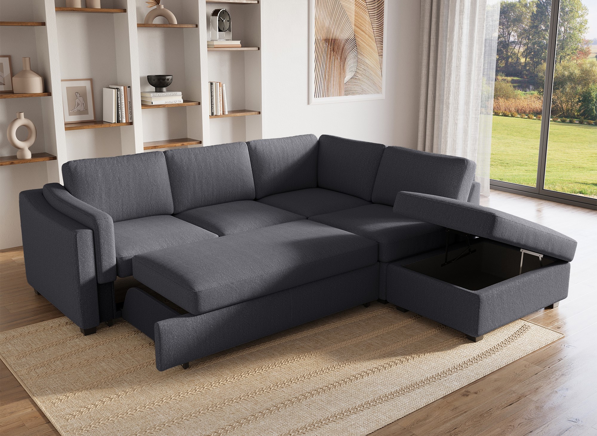 Canapé convertible avec coffre en tissu gris BARNEY - Angle droit