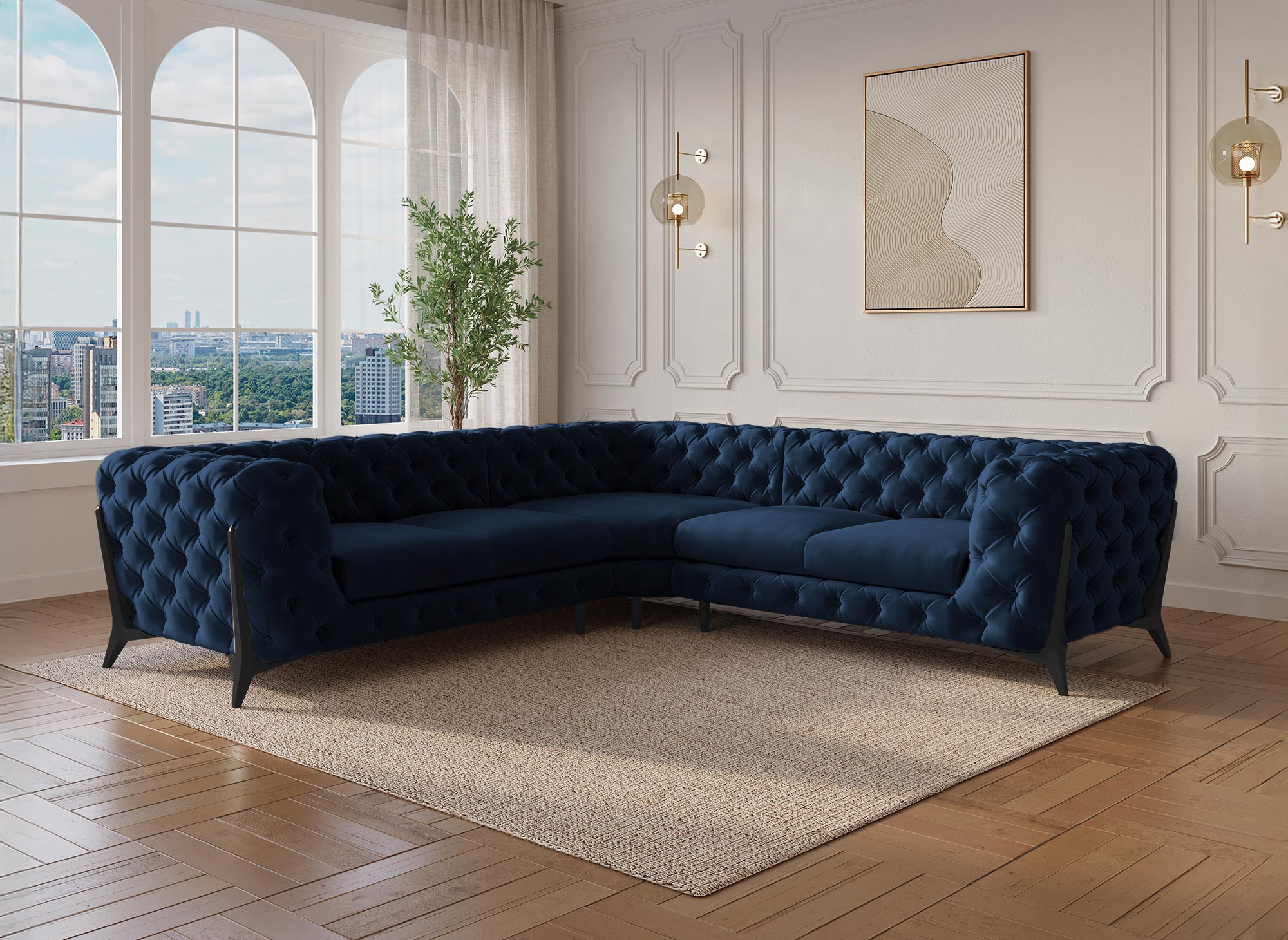 Canapé d'angle capitonné chesterfield velours bleu CARMEN