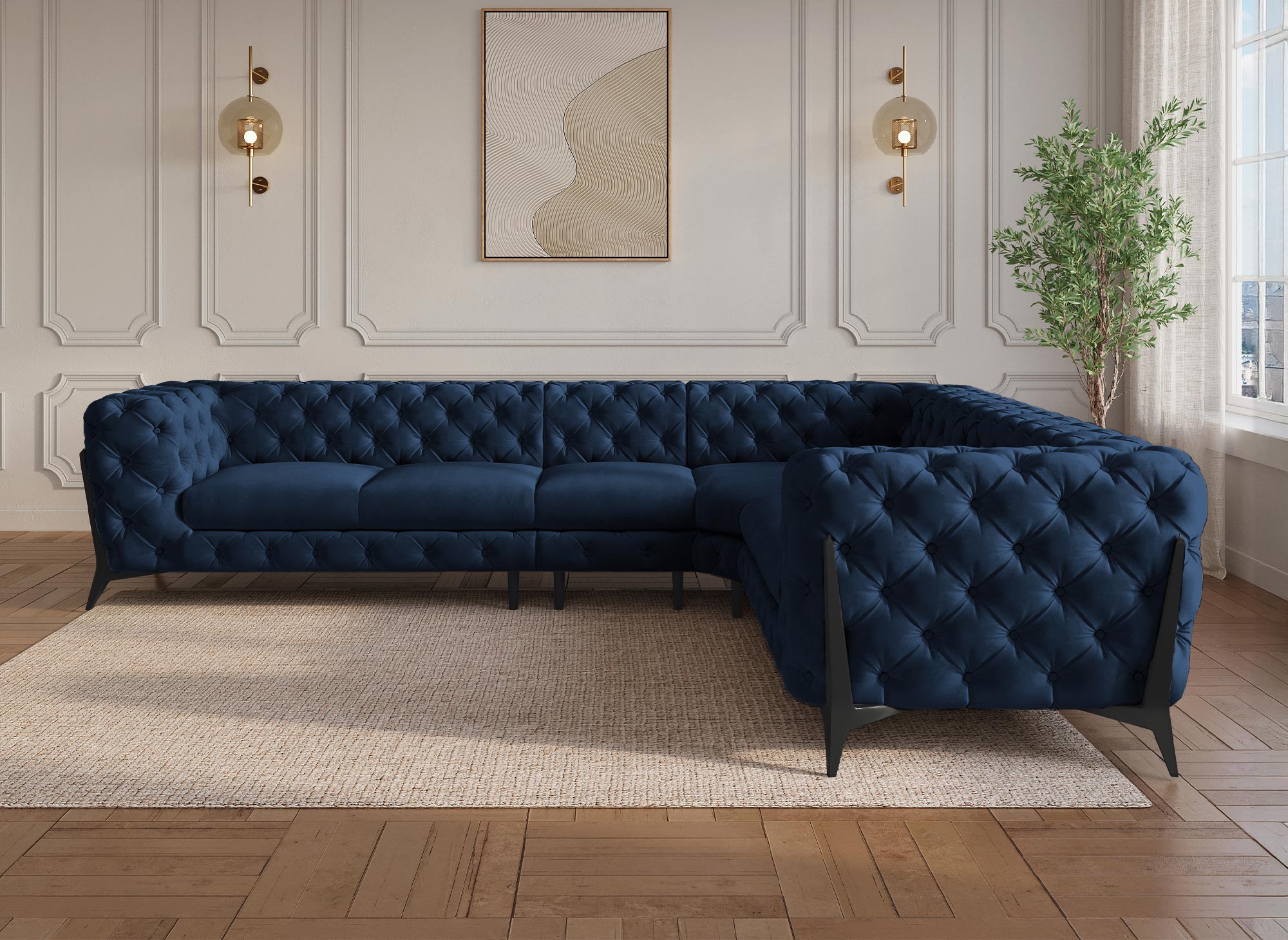 Canapé capitonné chesterfield d'angle réversible en velours bleu CARMEN