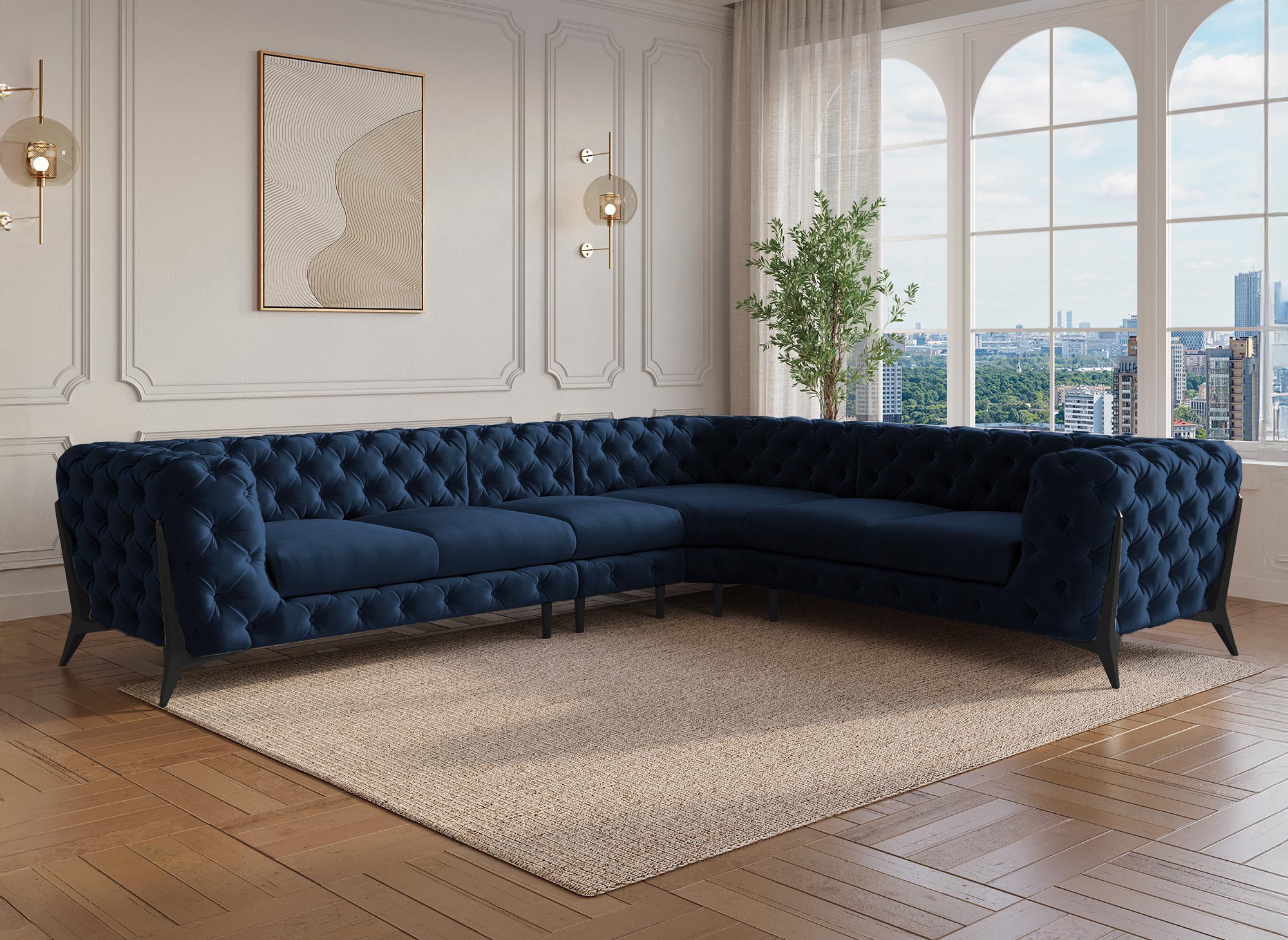 Canapé capitonné chesterfield d'angle réversible en velours bleu CARMEN