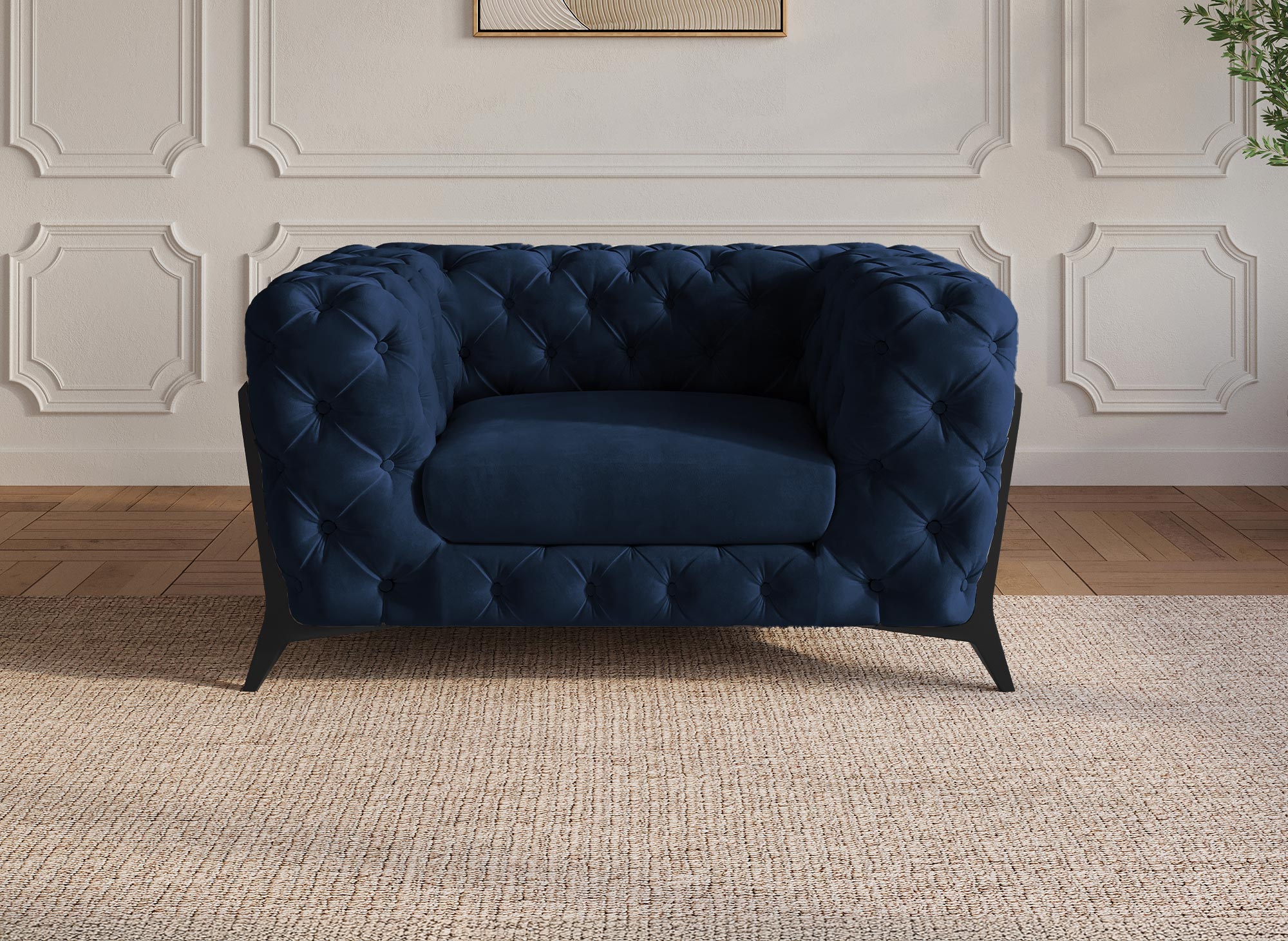 Fauteuil capitonné chesterfield velours bleu CARMEN