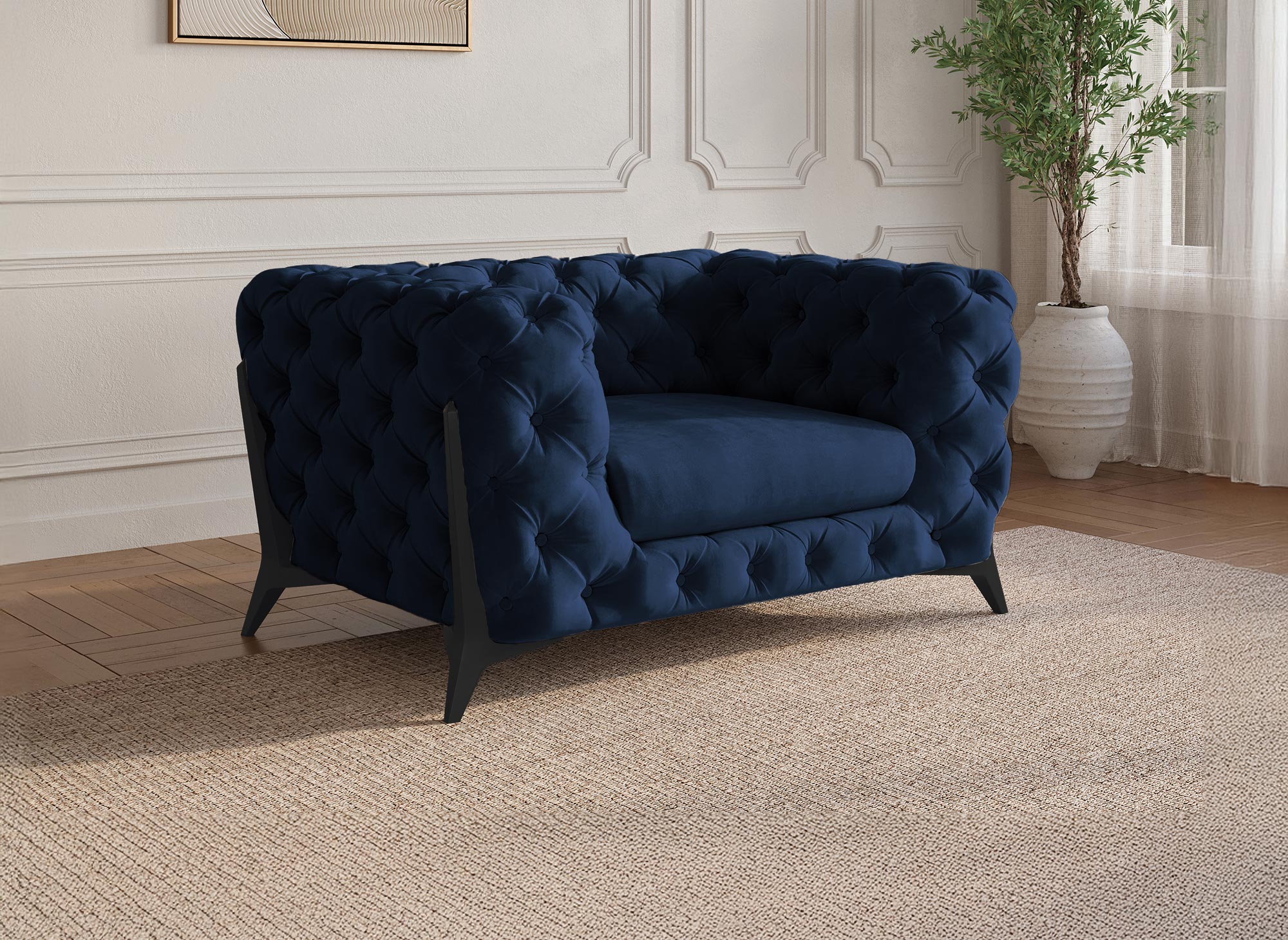 Fauteuil capitonné chesterfield velours bleu CARMEN