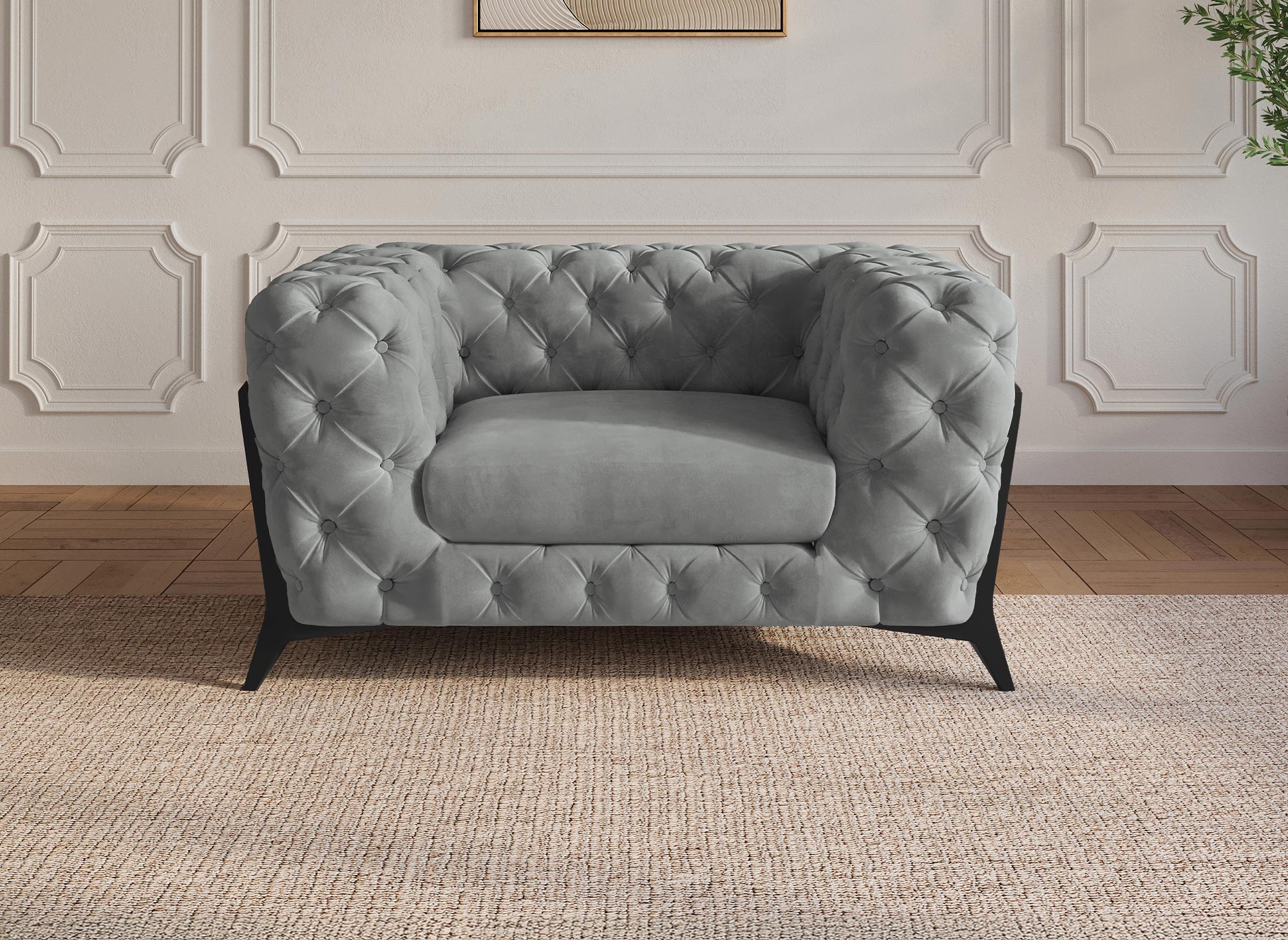 Fauteuil capitonné chesterfield velours gris CARMEN