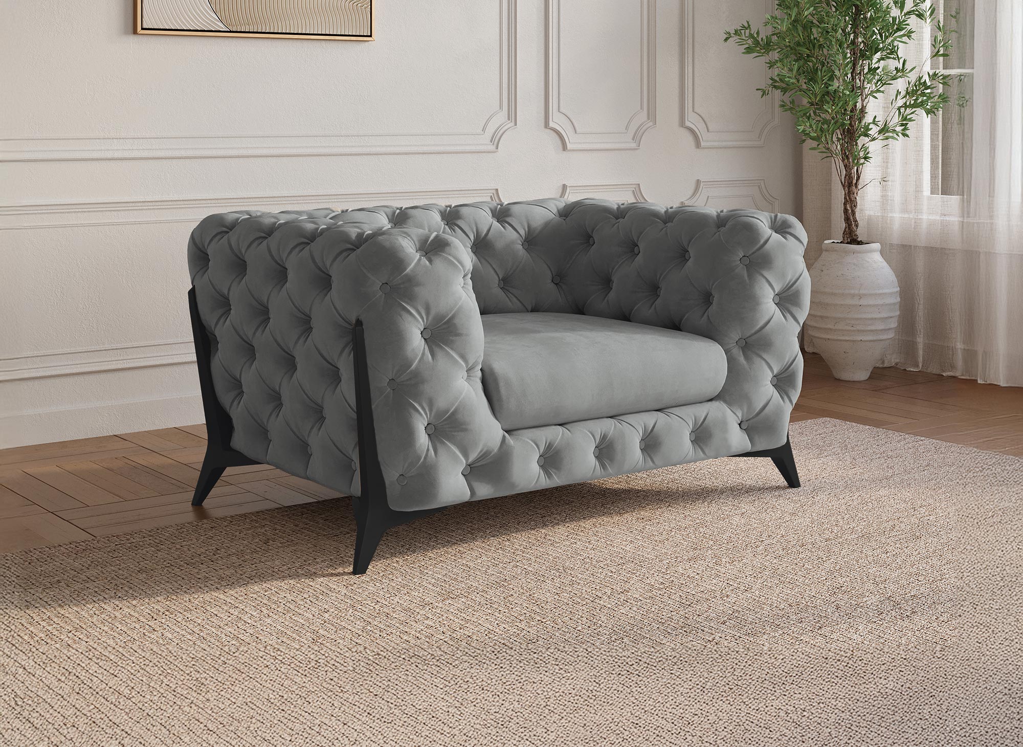 Fauteuil capitonné chesterfield velours gris CARMEN