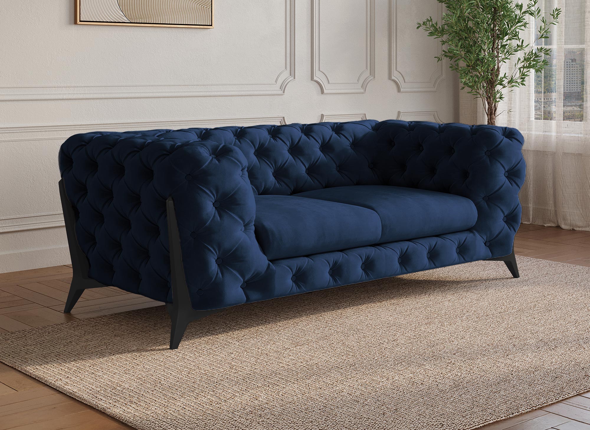 Canapé 2 places capitonné chesterfield velours bleu CARMEN