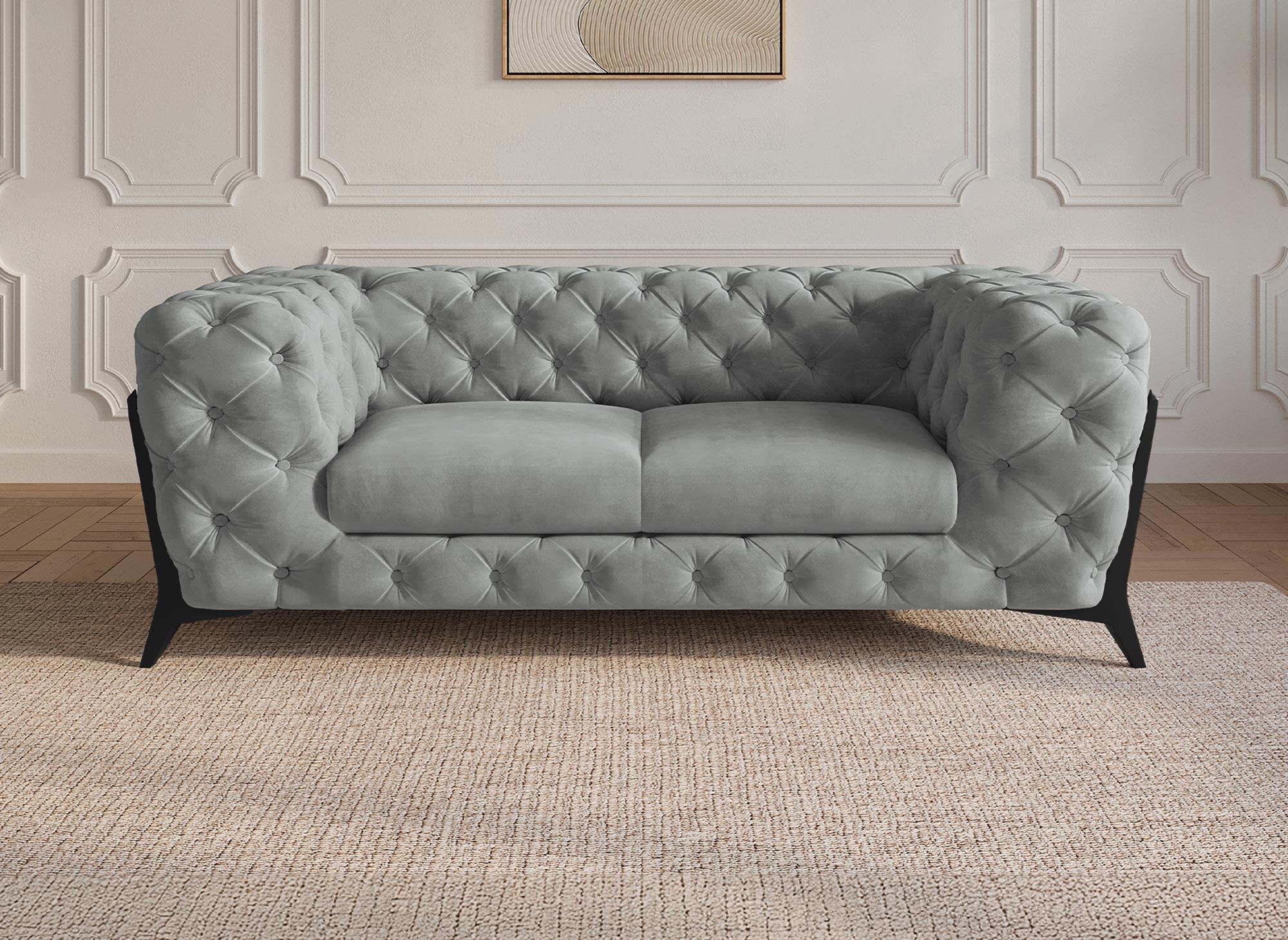 Canapé 2 places capitonné chesterfield velours gris CARMEN