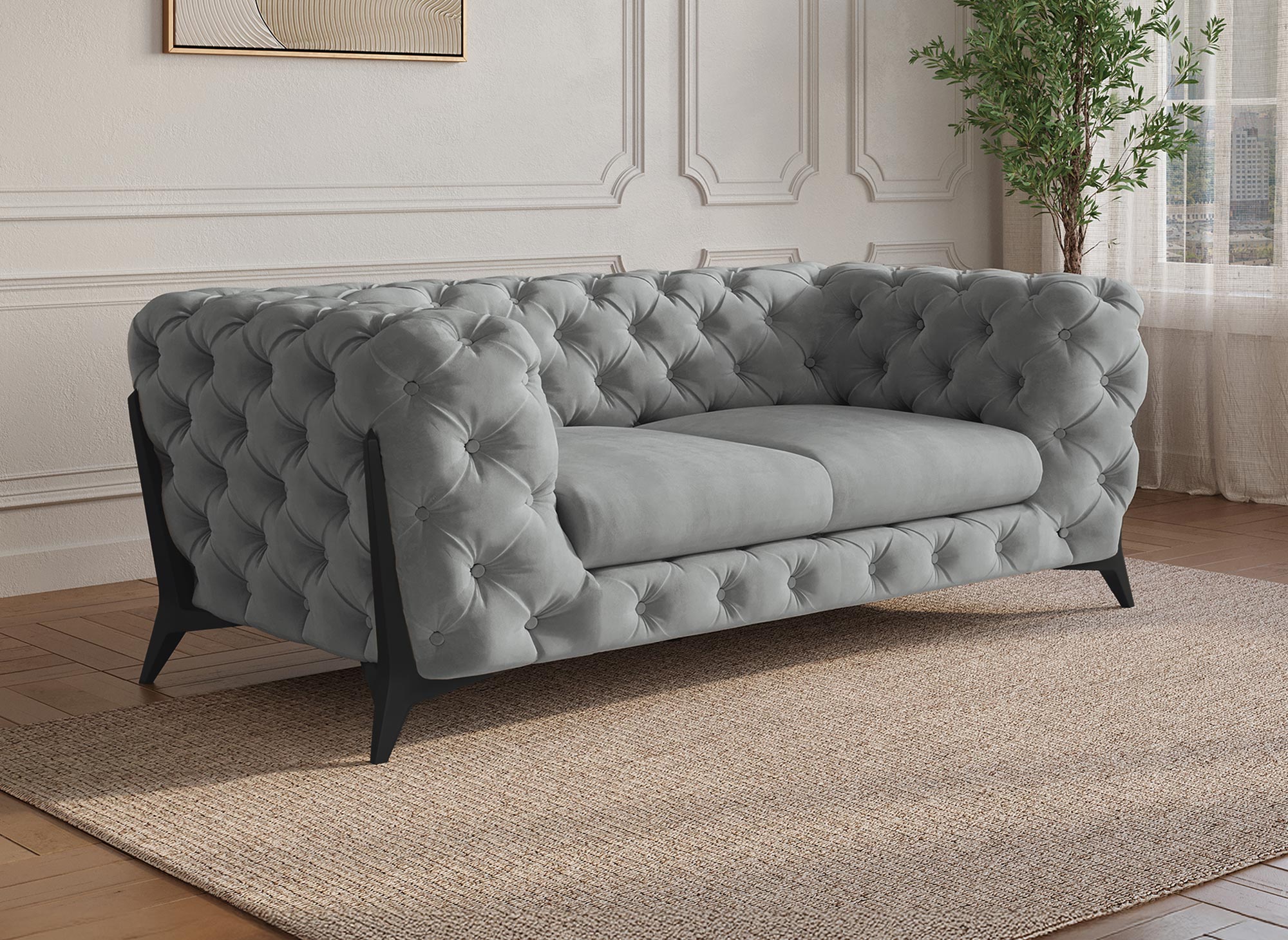 Canapé 2 places capitonné chesterfield velours gris CARMEN