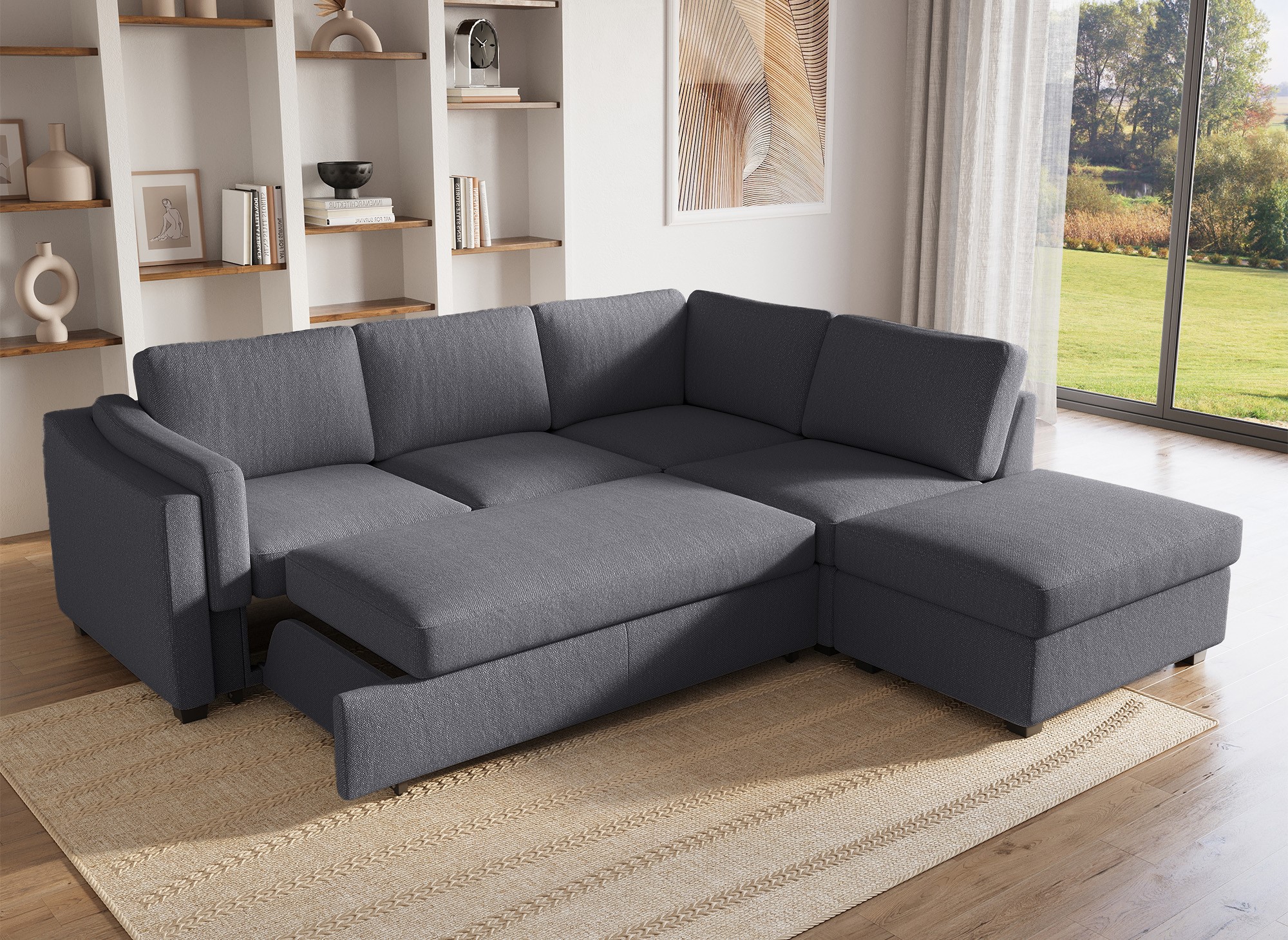 Canapé convertible avec coffre en tissu gris BARNEY - Angle droit