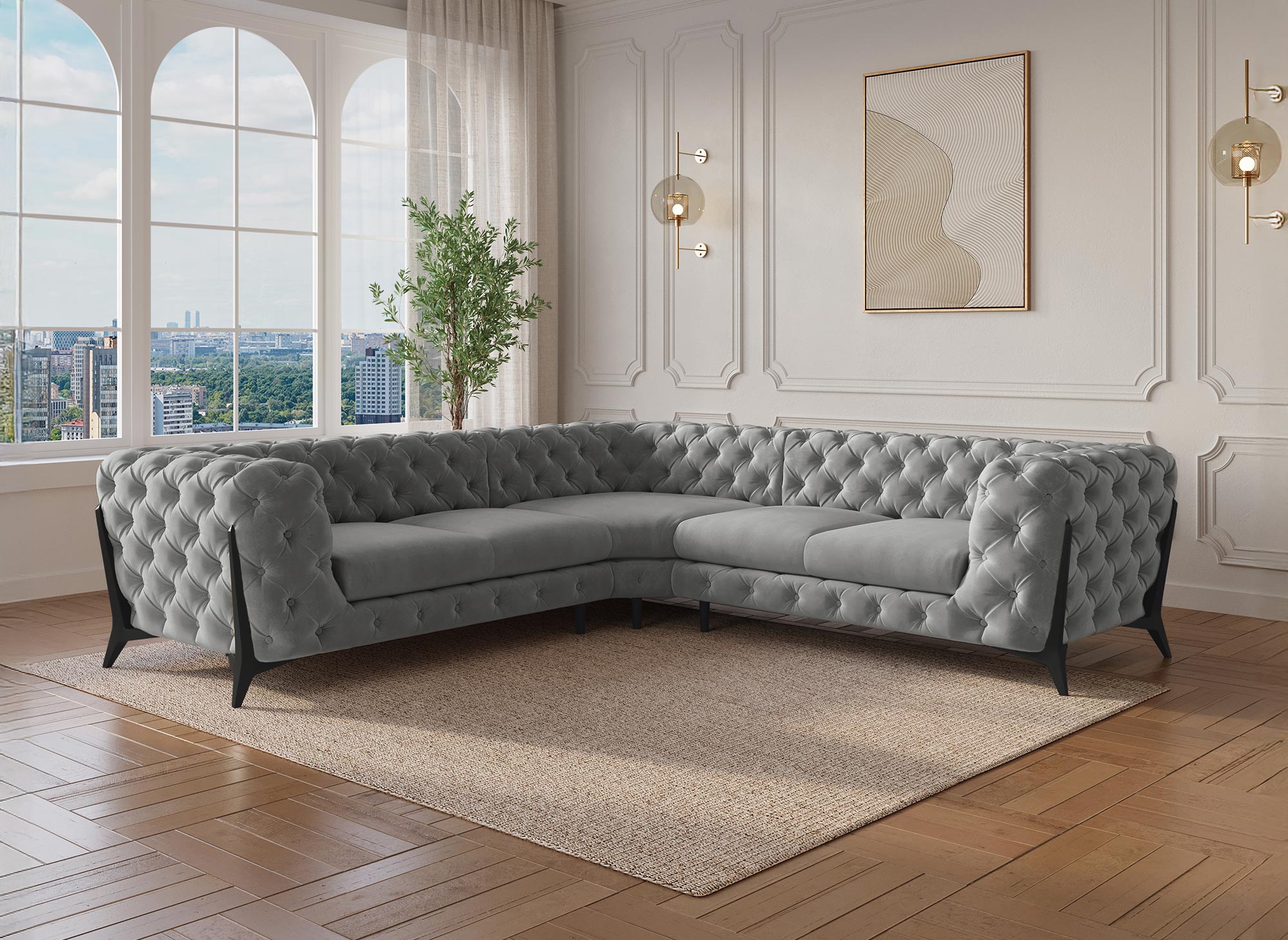 Canapé d'angle capitonné chesterfield velours gris CARMEN