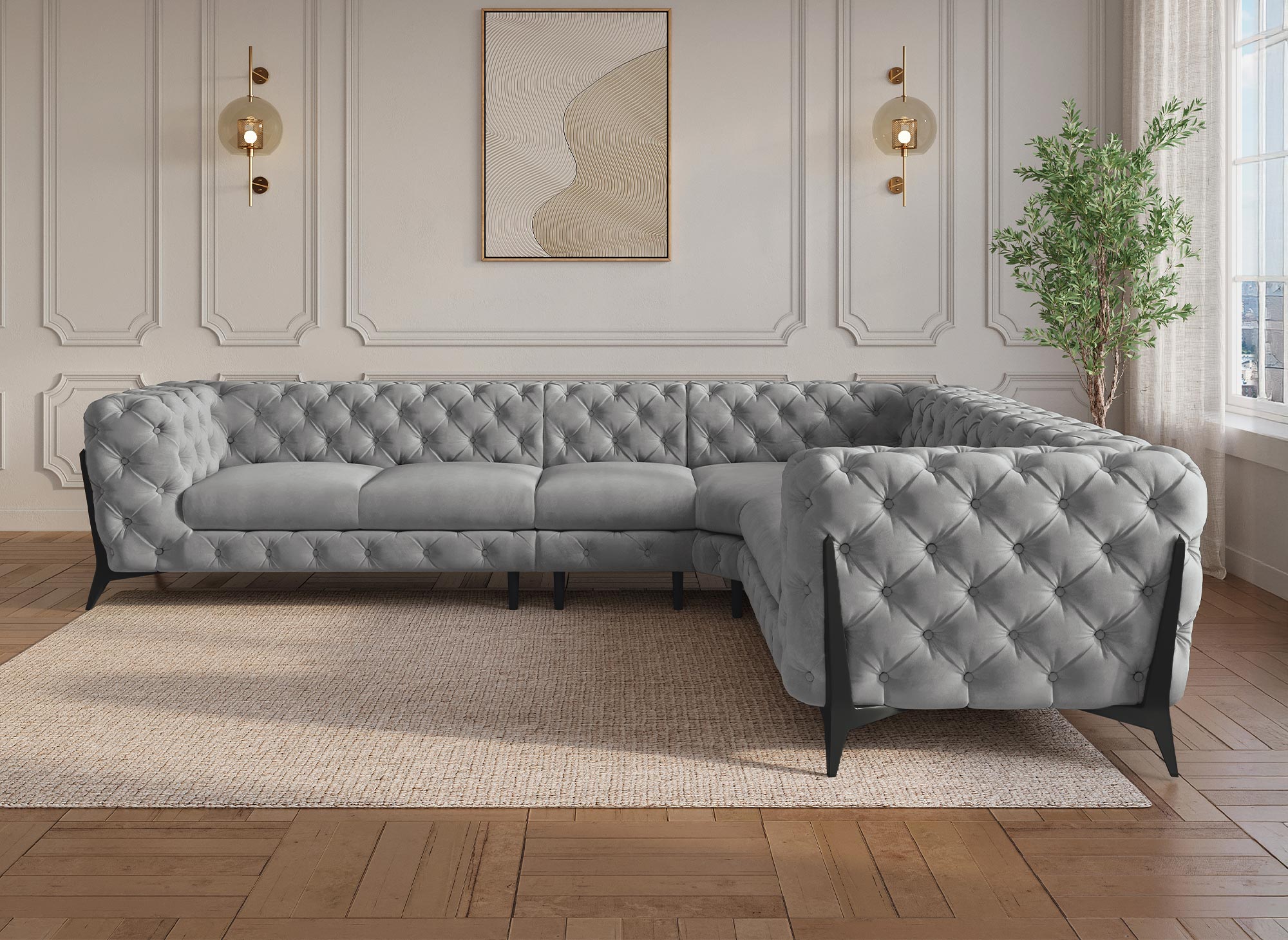 Canapé capitonné chesterfield d'angle réversible en velours gris CARMEN