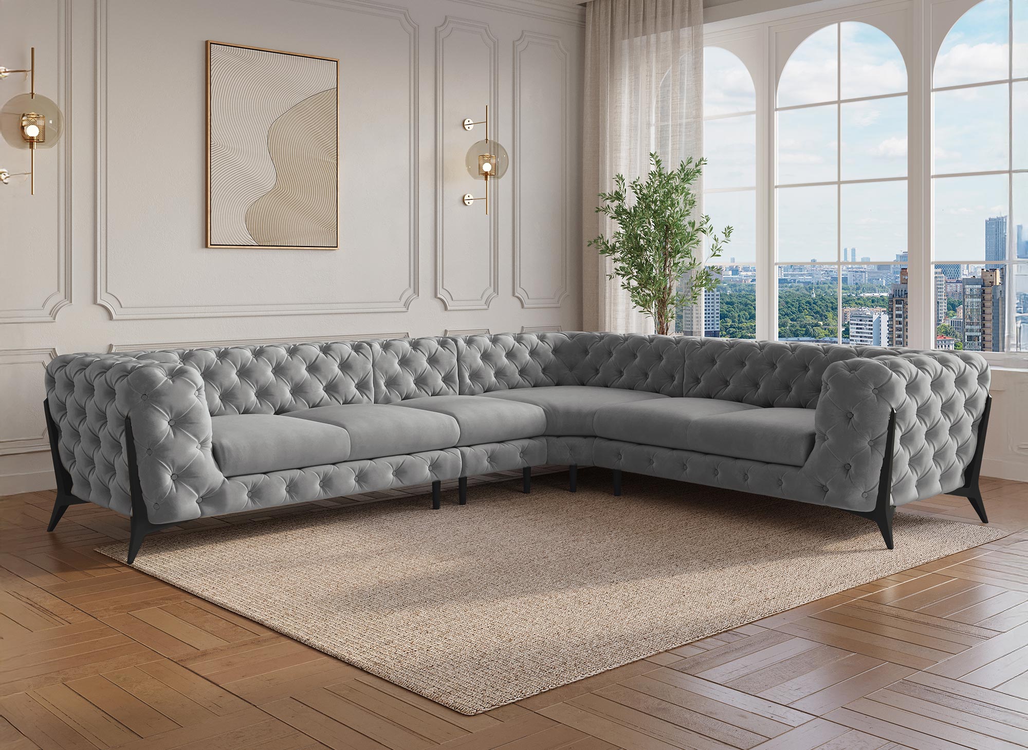 Canapé capitonné chesterfield d'angle réversible en velours gris CARMEN