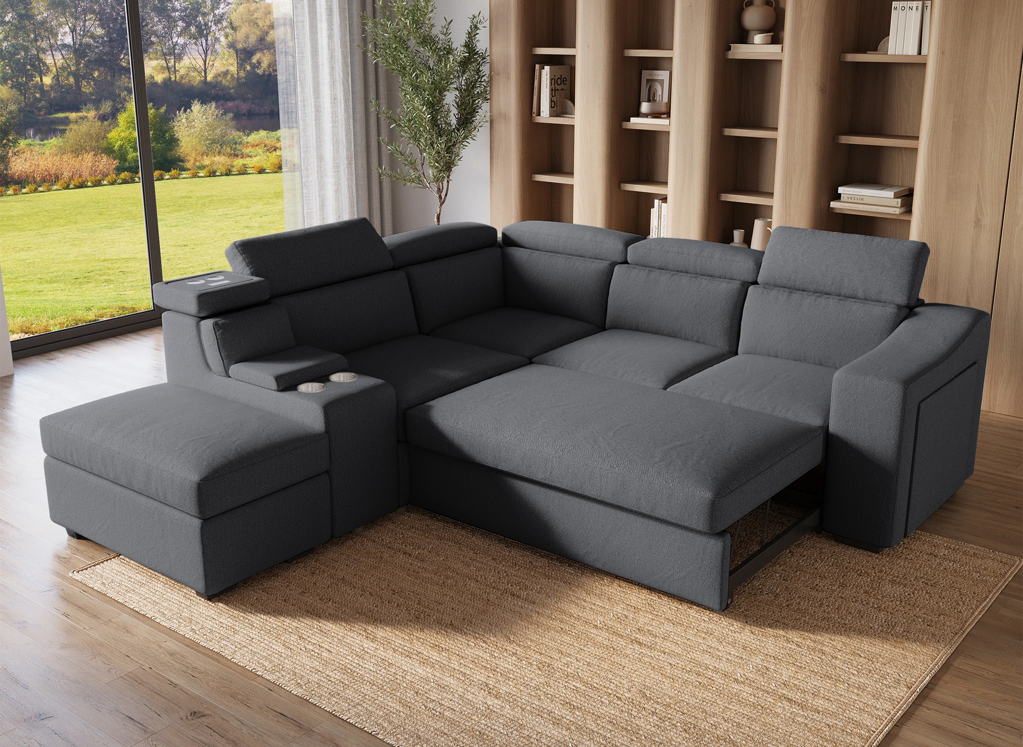 Canapé d'angle convertible en tissu gris foncé DEREK XL - Angle gauche