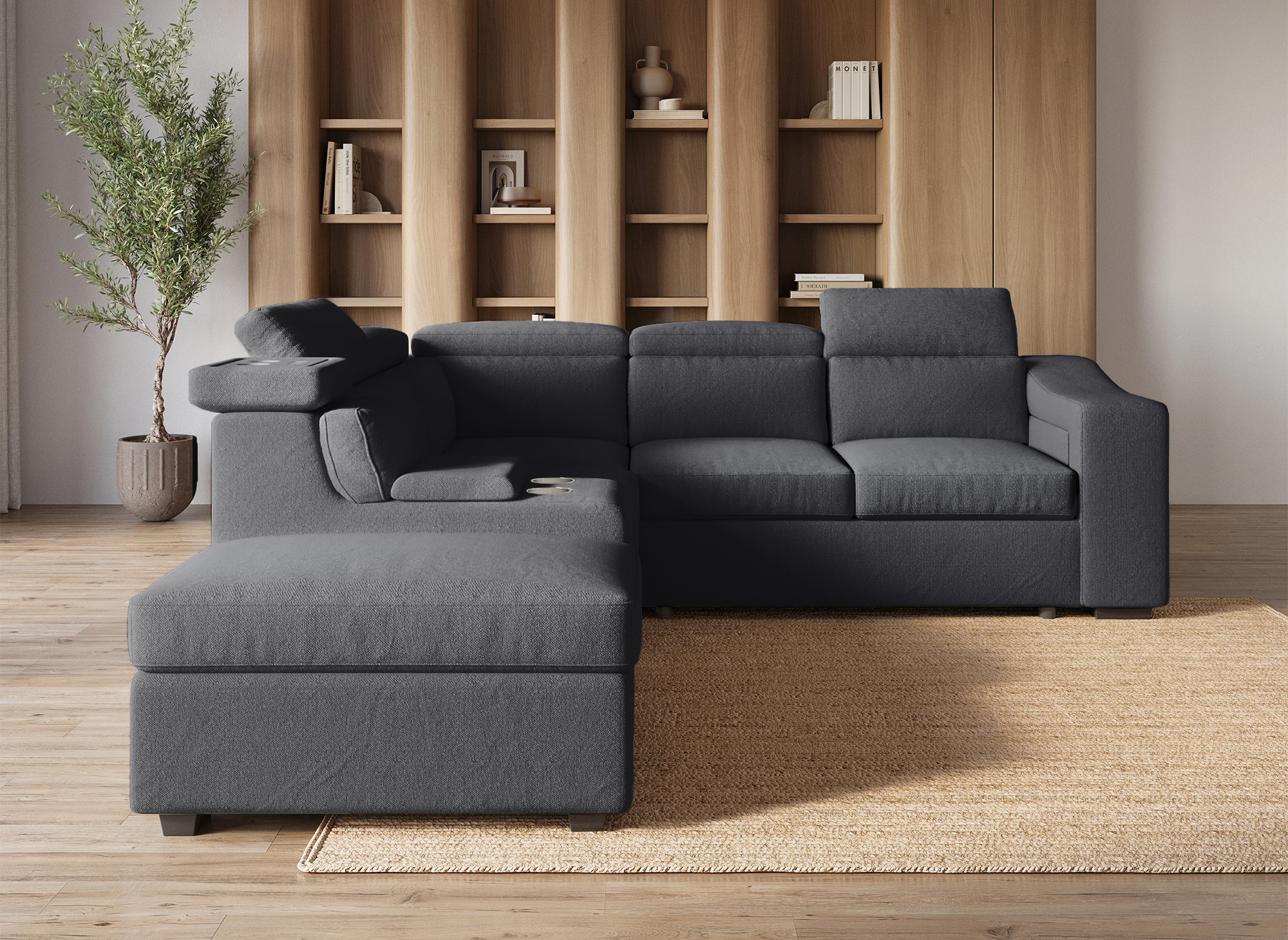 Canapé d'angle convertible en tissu gris foncé DEREK XL - Angle gauche