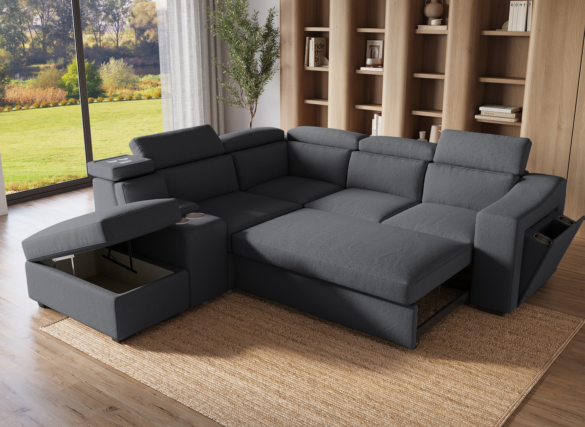 Canapé d'angle convertible en tissu gris foncé DEREK XL - Angle gauche