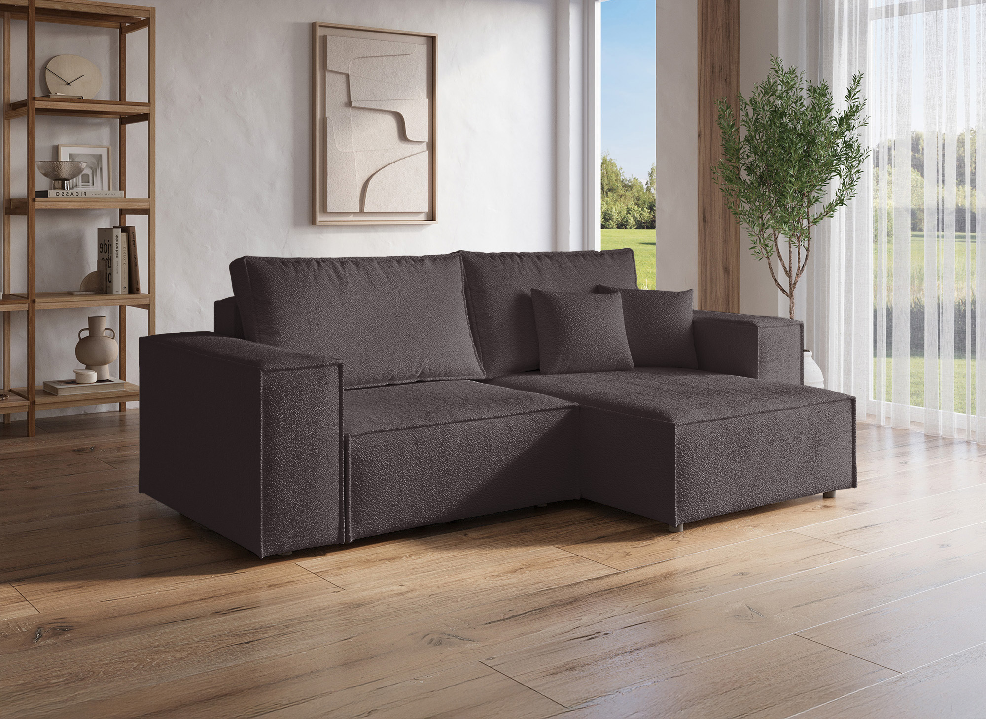 Canapé d'angle convertible et réversible avec coffre en tissu bouclette marron JADE MINI