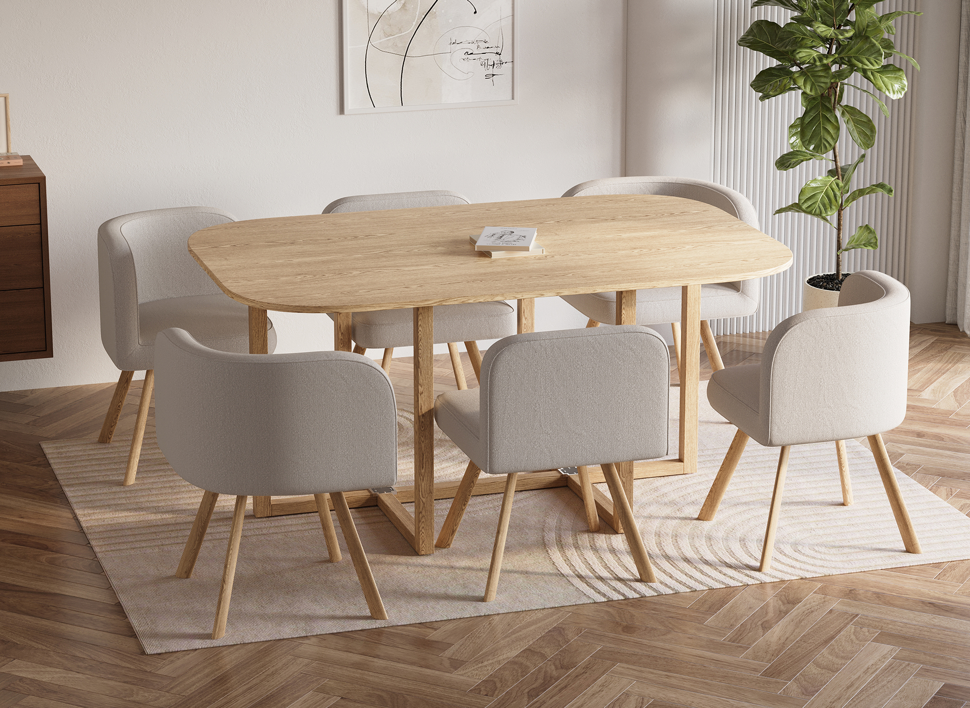 Ensemble table + 6 chaises encastrables beige FLEN XL