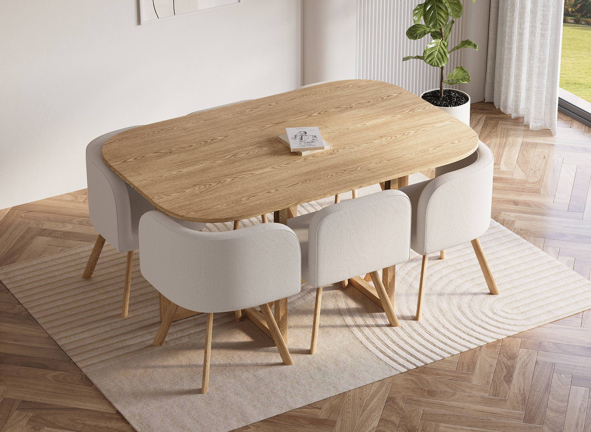 Ensemble table + 6 chaises encastrables beige FLEN XL