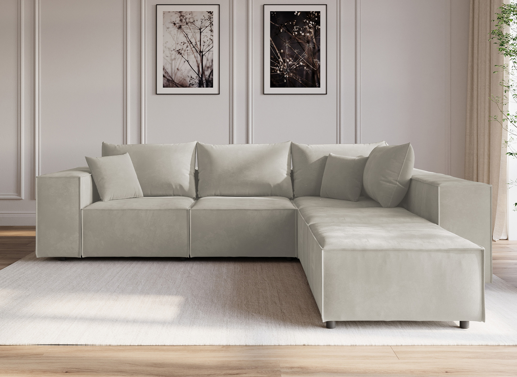 Canapé d'angle modulable avec 1 pouf en velours taupe HARLEM XL