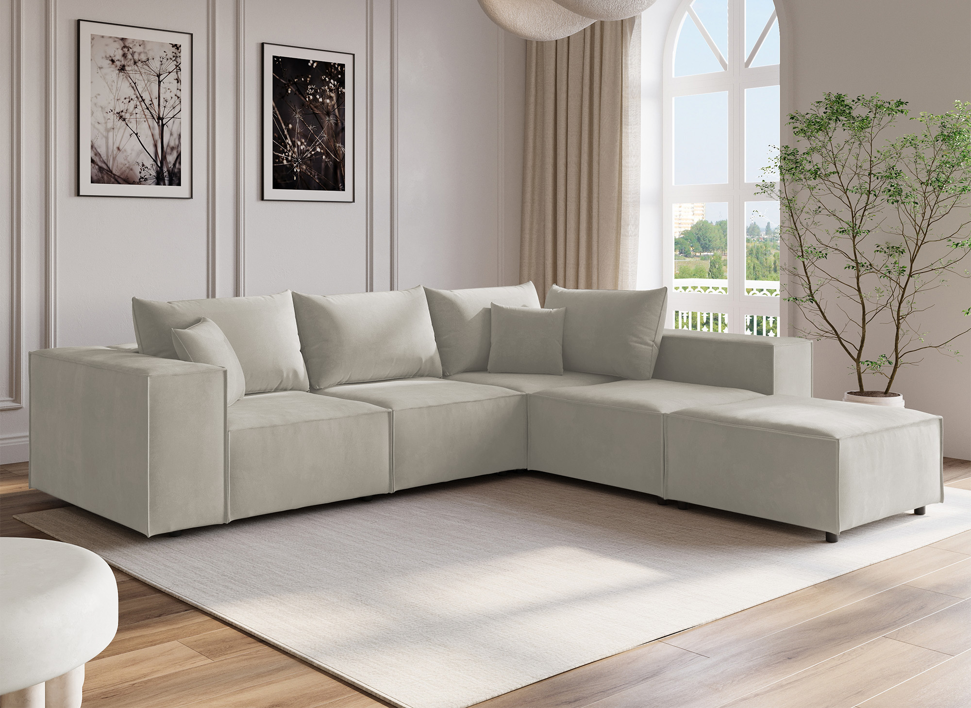 Canapé d'angle modulable avec 1 pouf en velours taupe HARLEM XL