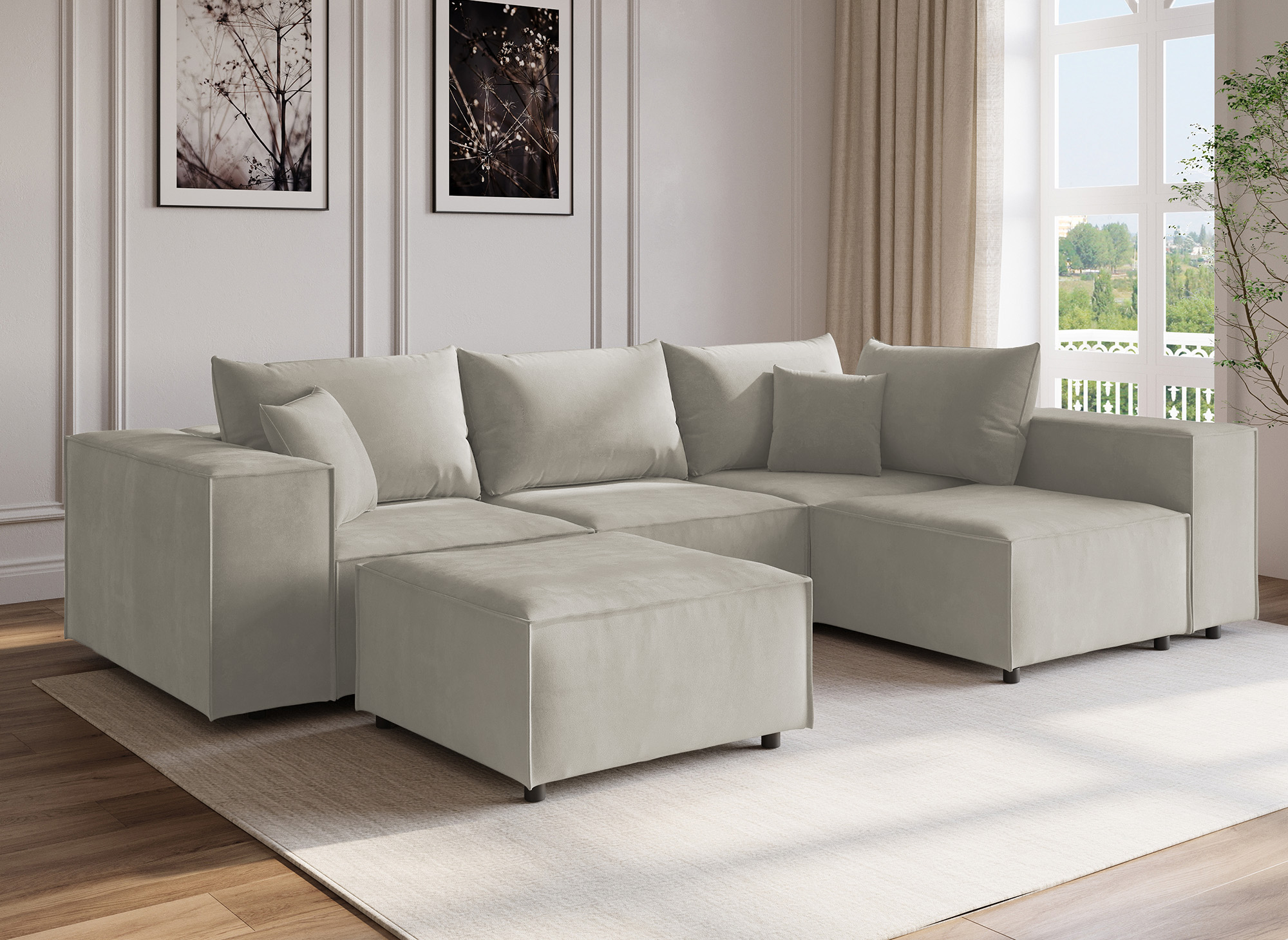 Canapé d'angle modulable avec 1 pouf en velours taupe HARLEM XL