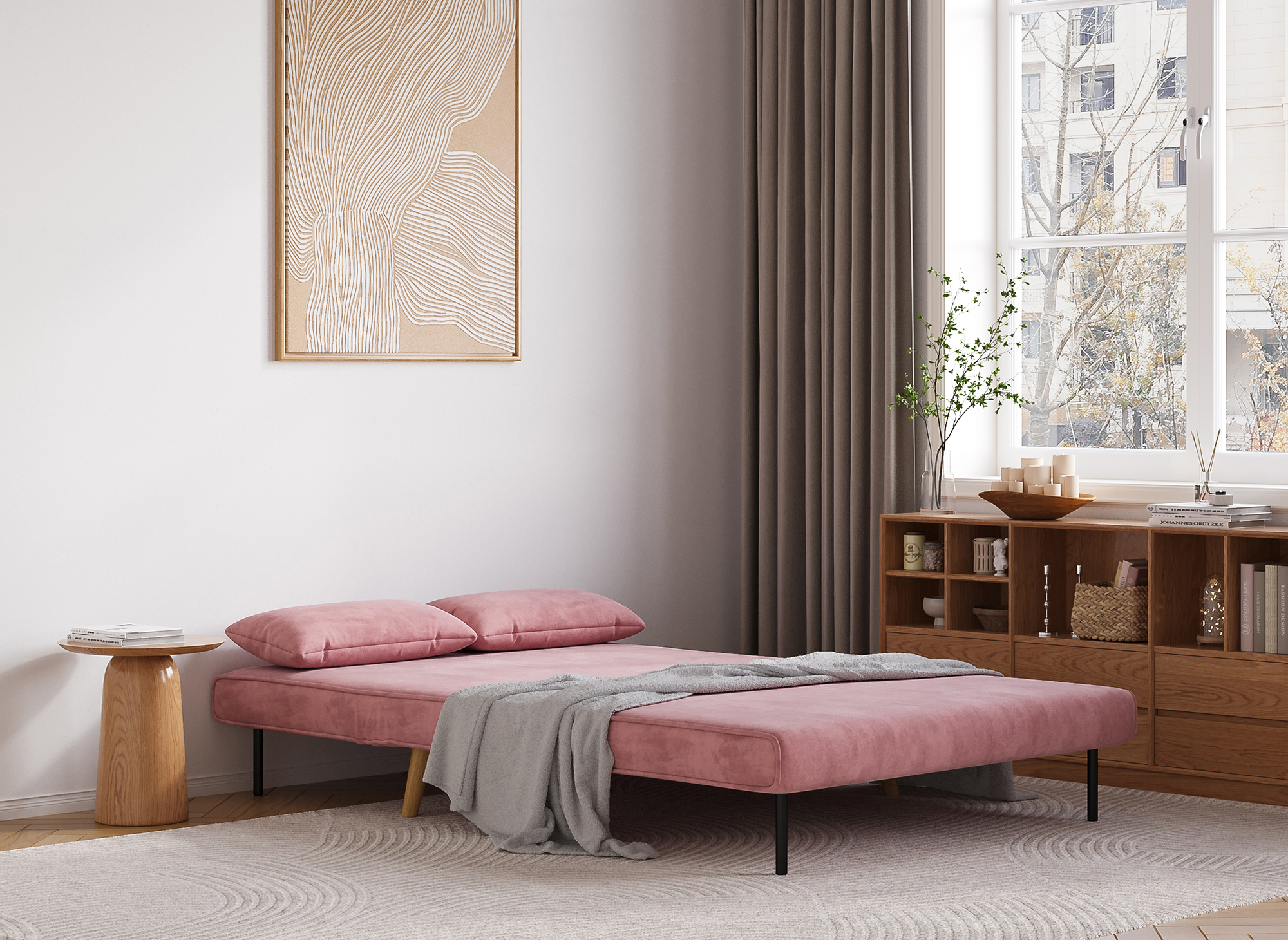 Banquette convertible 2 places en velours rose TONKA