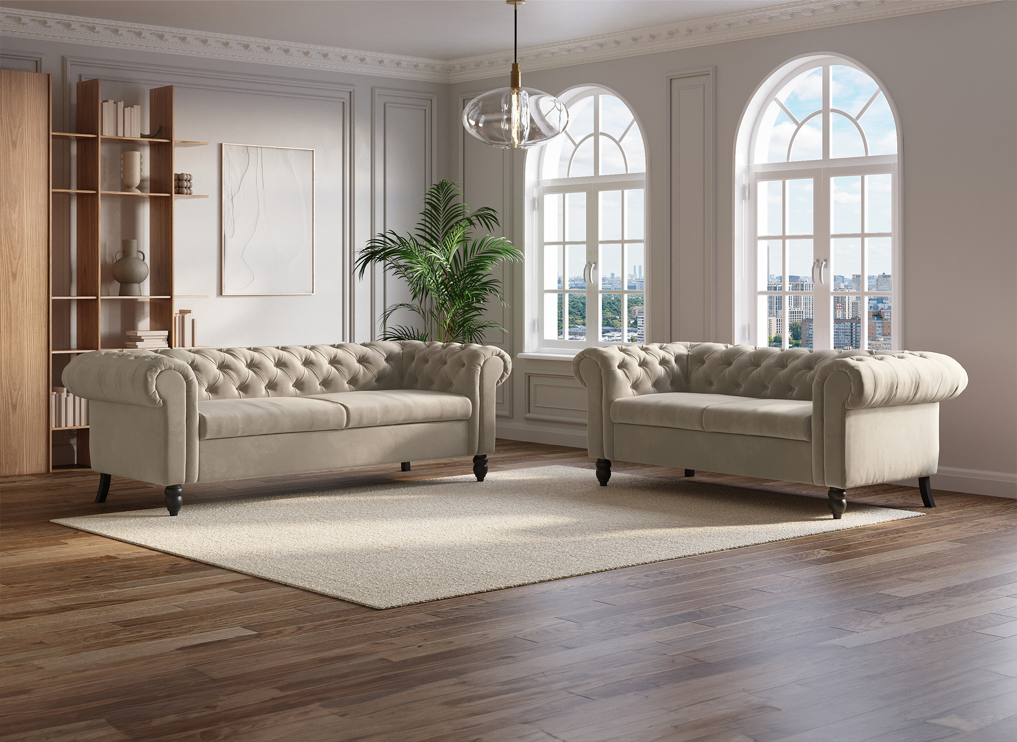 Canapé Chesterfield 2 places en velours beige WINSTON