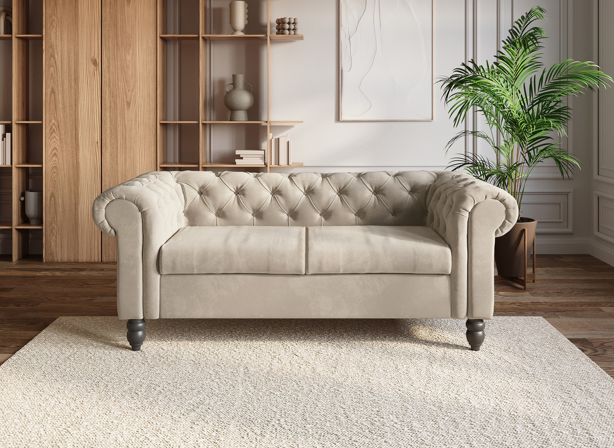 Canapé Chesterfield 2 places en velours beige WINSTON