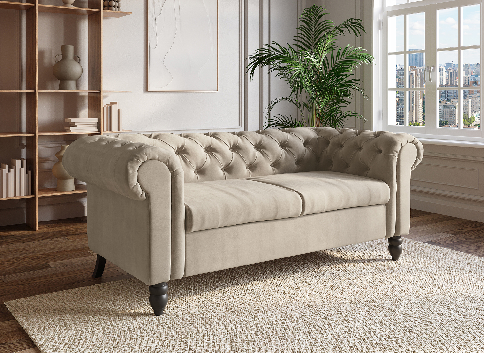 Canapé Chesterfield 2 places en velours beige WINSTON