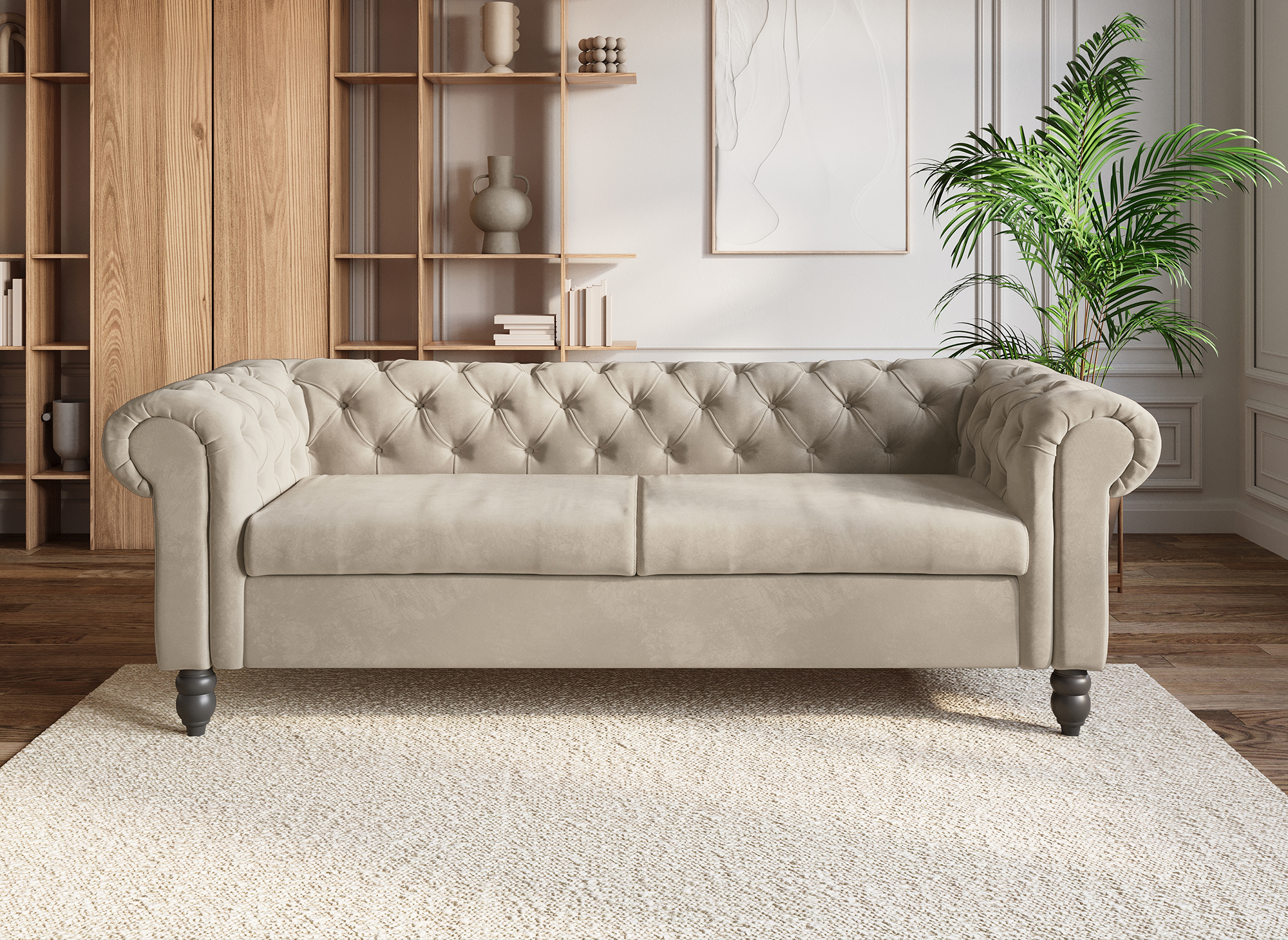 Canapé Chesterfield 3 places en velours beige WINSTON