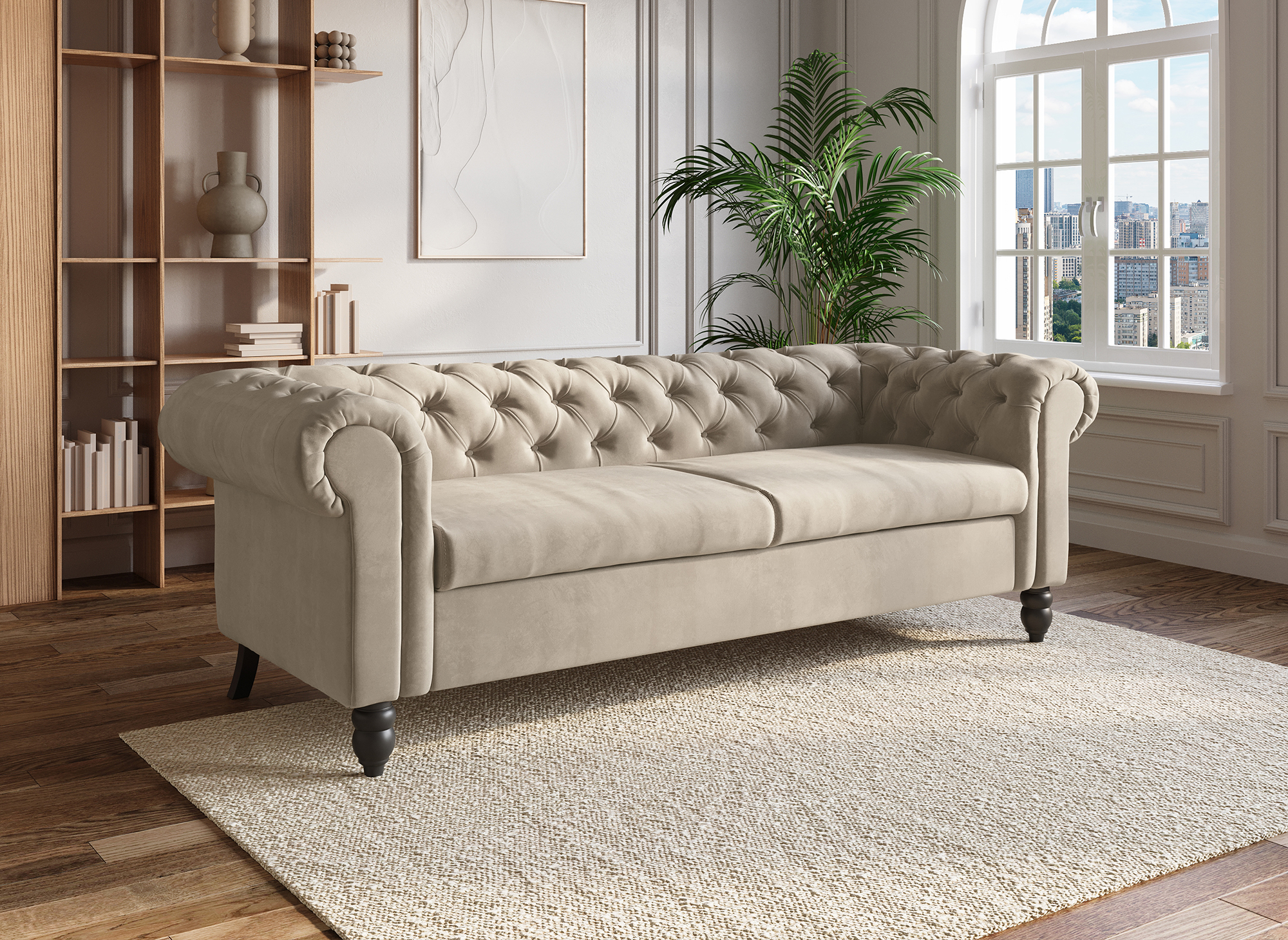 Canapé Chesterfield 3 places en velours beige WINSTON