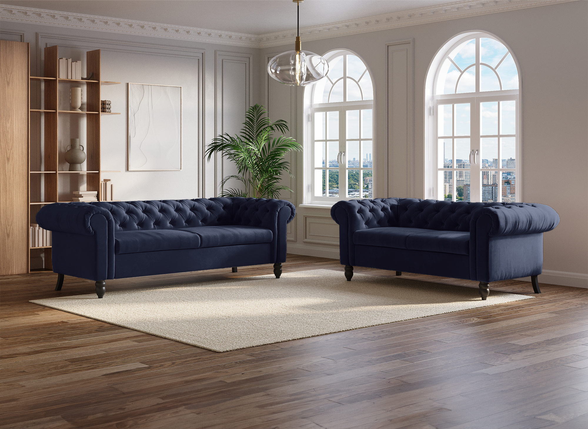 Canapé Chesterfield 3 places en velours bleu WINSTON