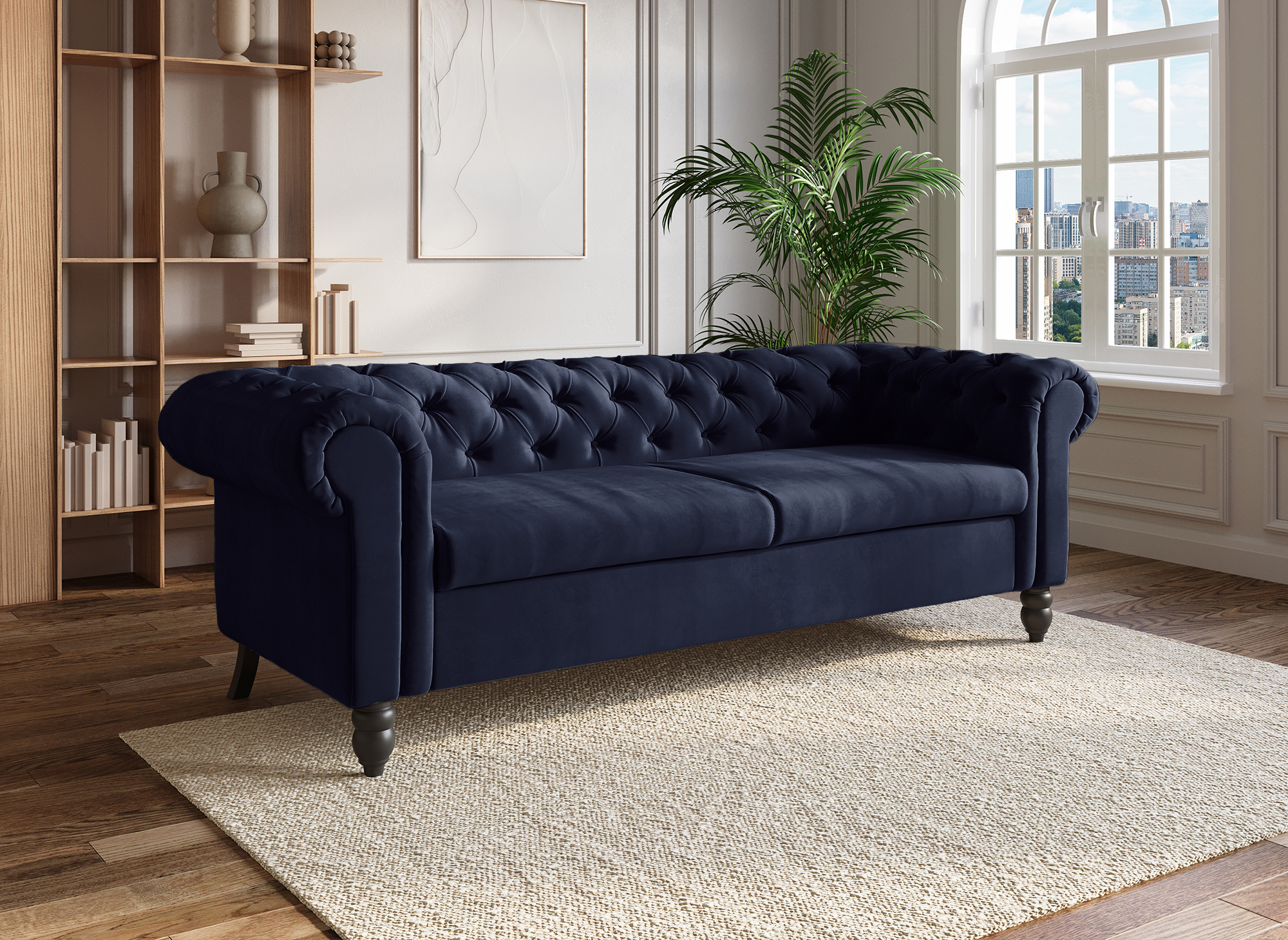 Canapé Chesterfield 3 places en velours bleu WINSTON