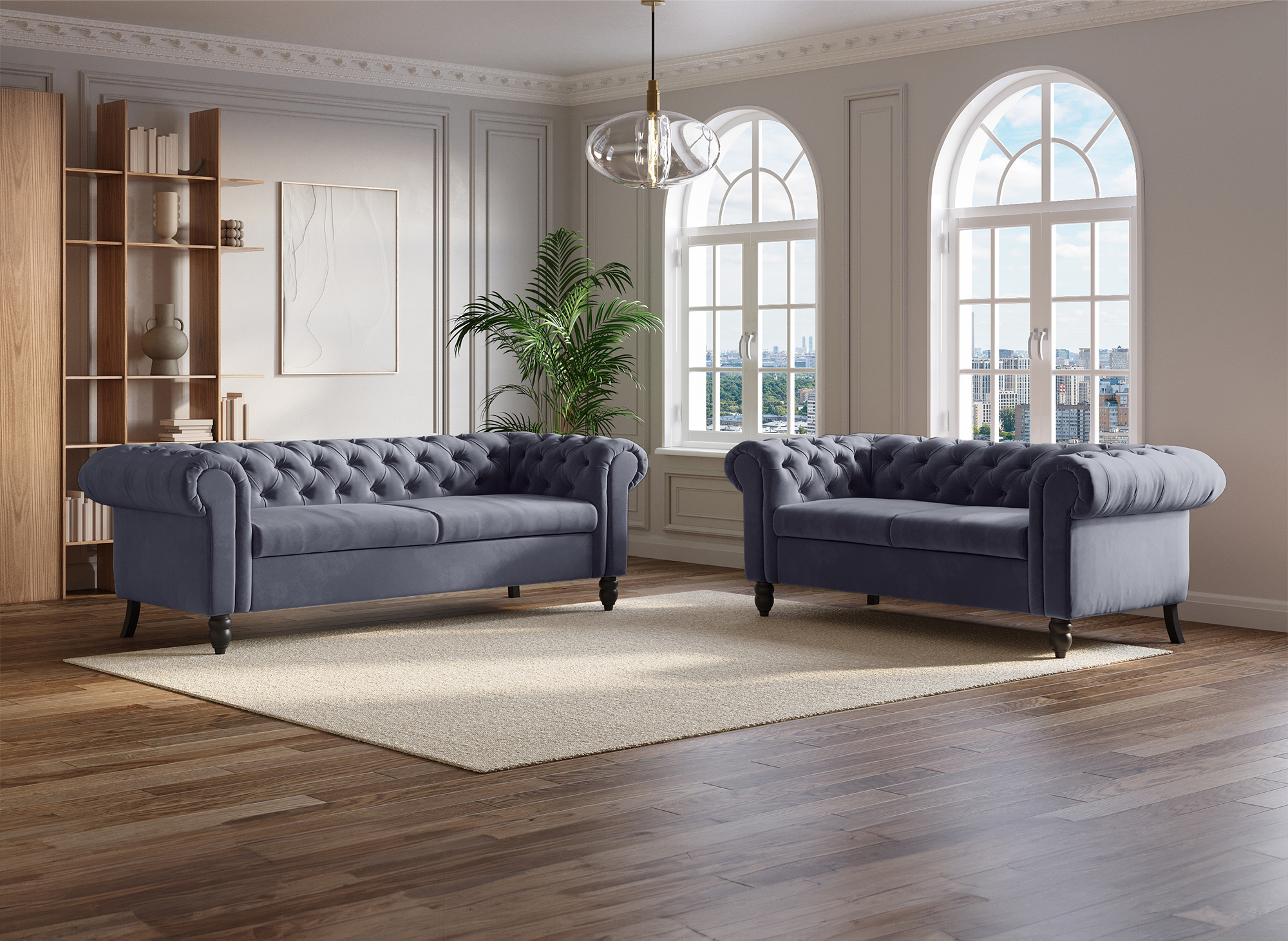 Canapé Chesterfield 3 places gris velours WINSTON