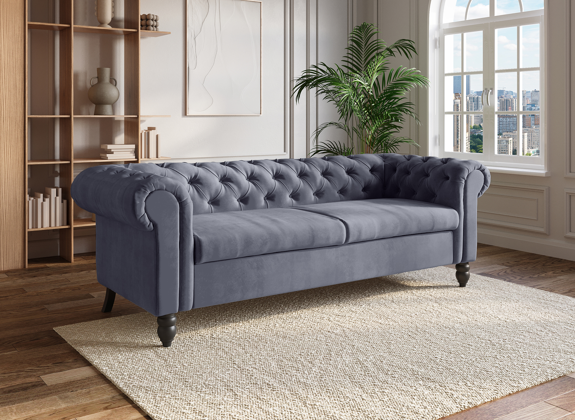 Canapé Chesterfield 3 places gris velours WINSTON