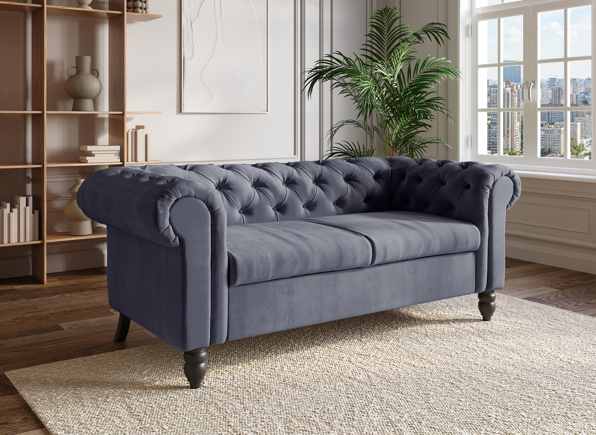 Canapé Chesterfield 2 places en velours gris WINSTON