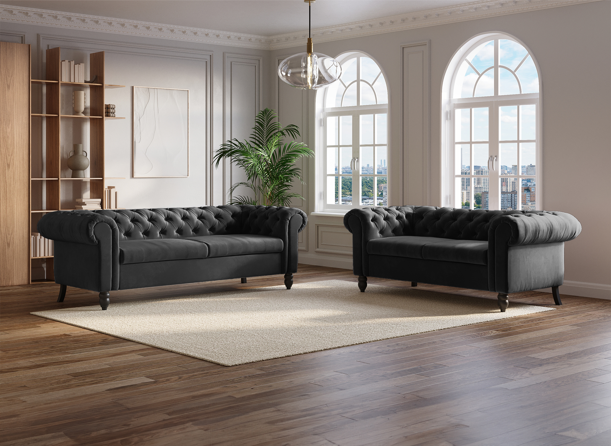 Canapé Chesterfield 3 places en velours noir WINSTON