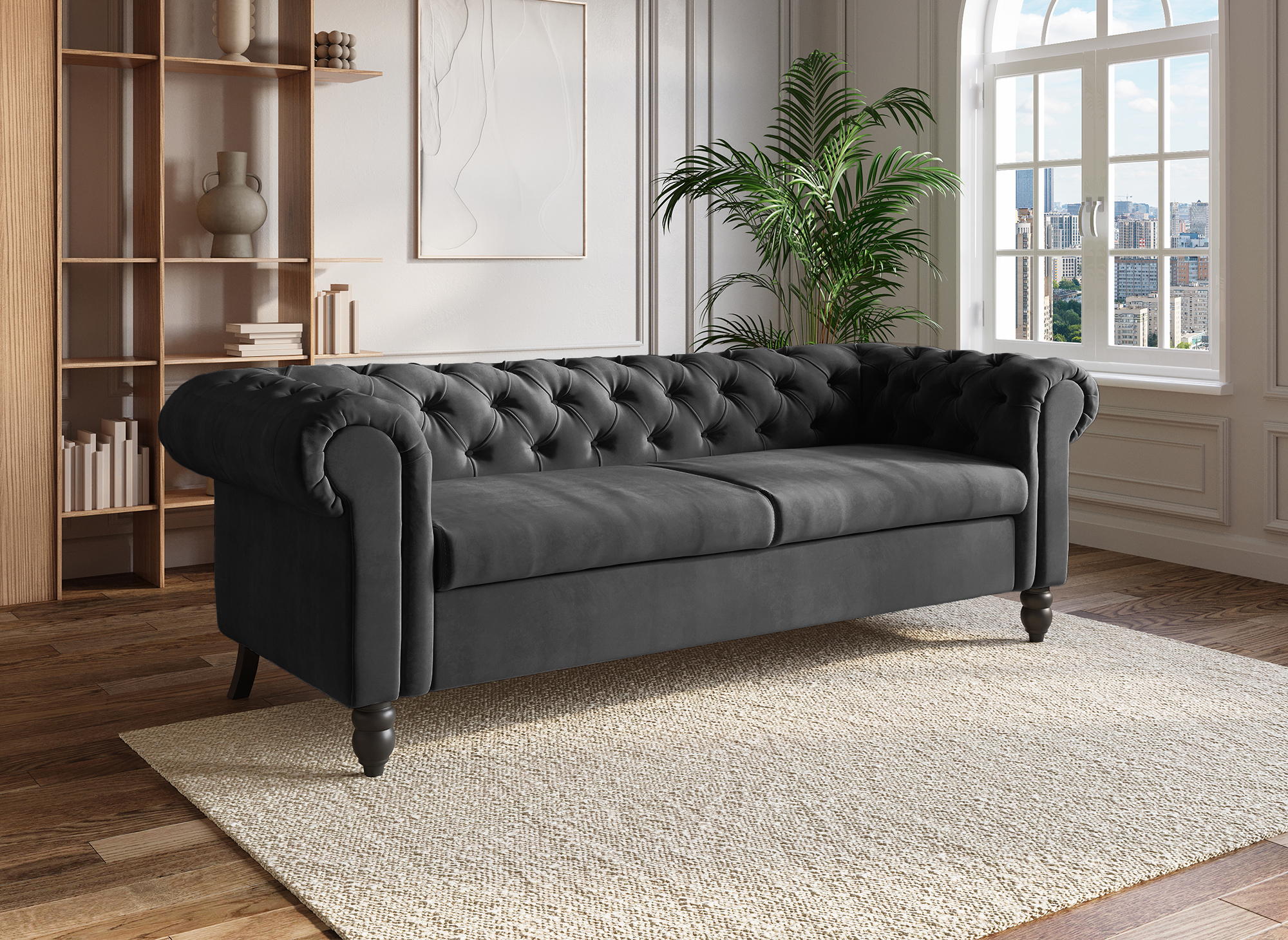 Canapé Chesterfield 3 places en velours noir WINSTON