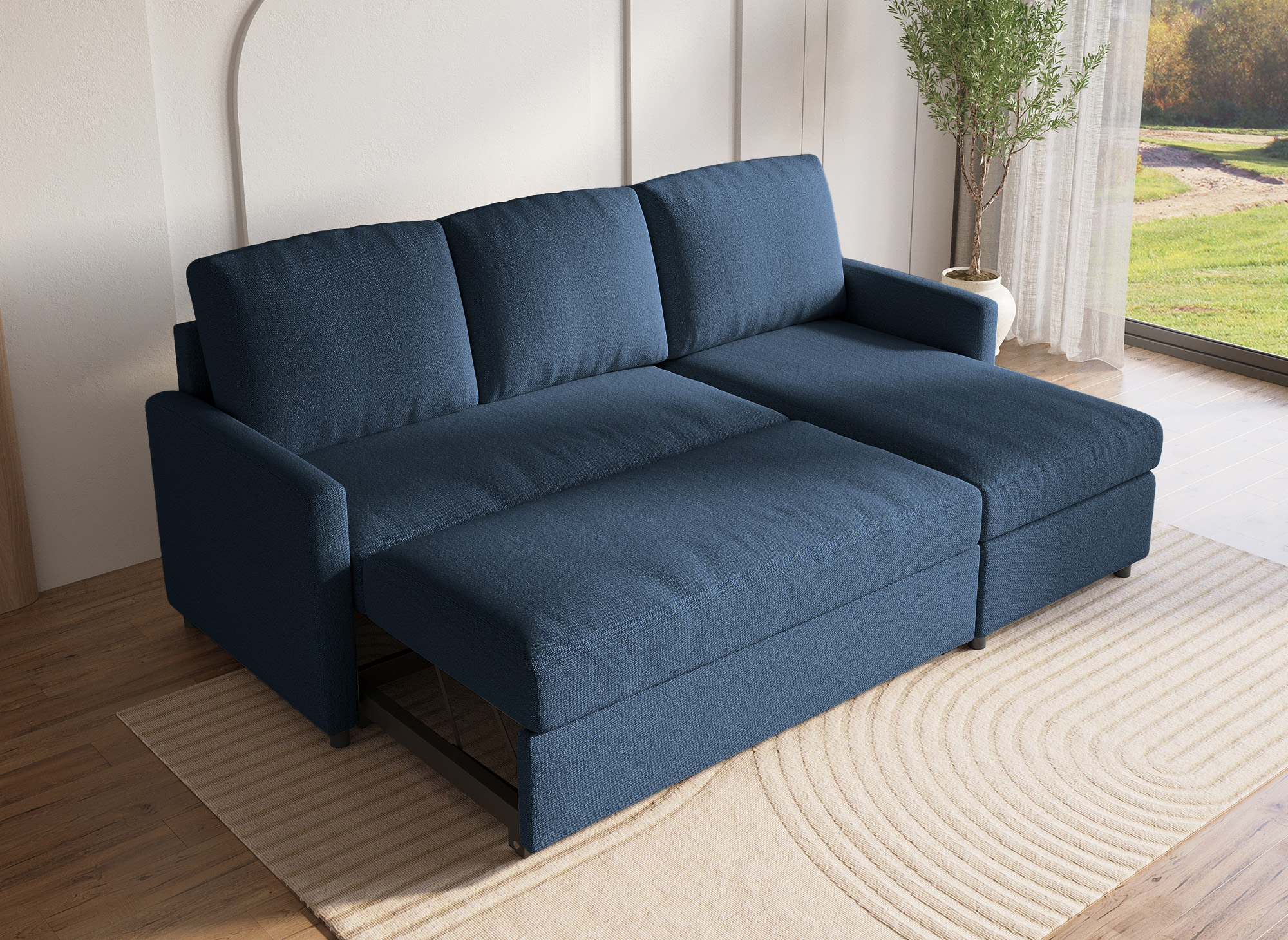 Canapé d’angle réversible convertible coffre de rangement en tissu bleu ADAM