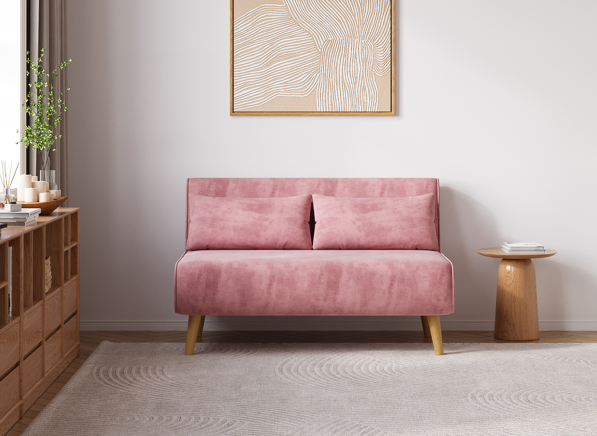 Banquette convertible 2 places en velours rose TONKA