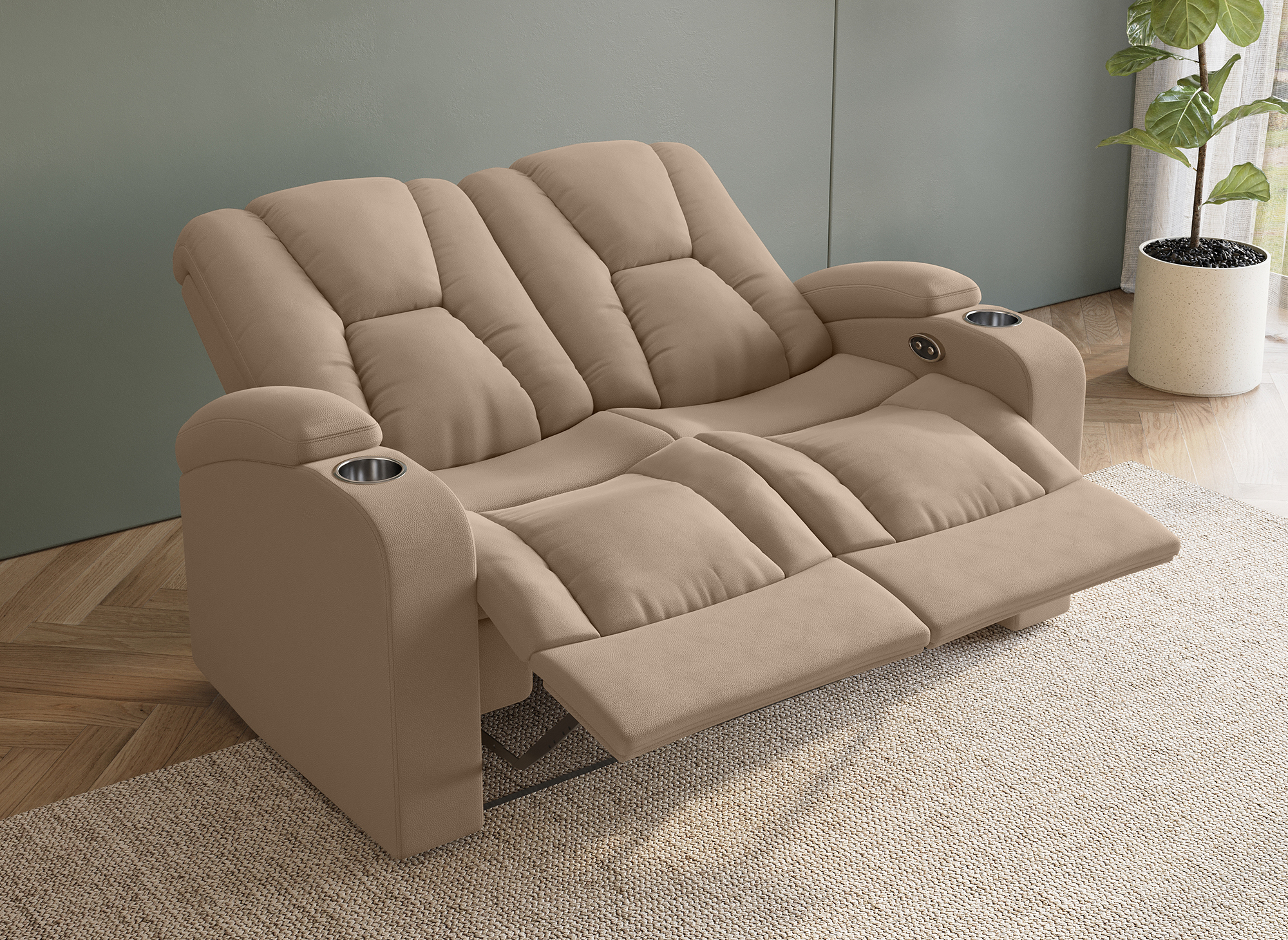 Canapé 2 places relax électrique en tissu microfibre beige EL CLARENCE