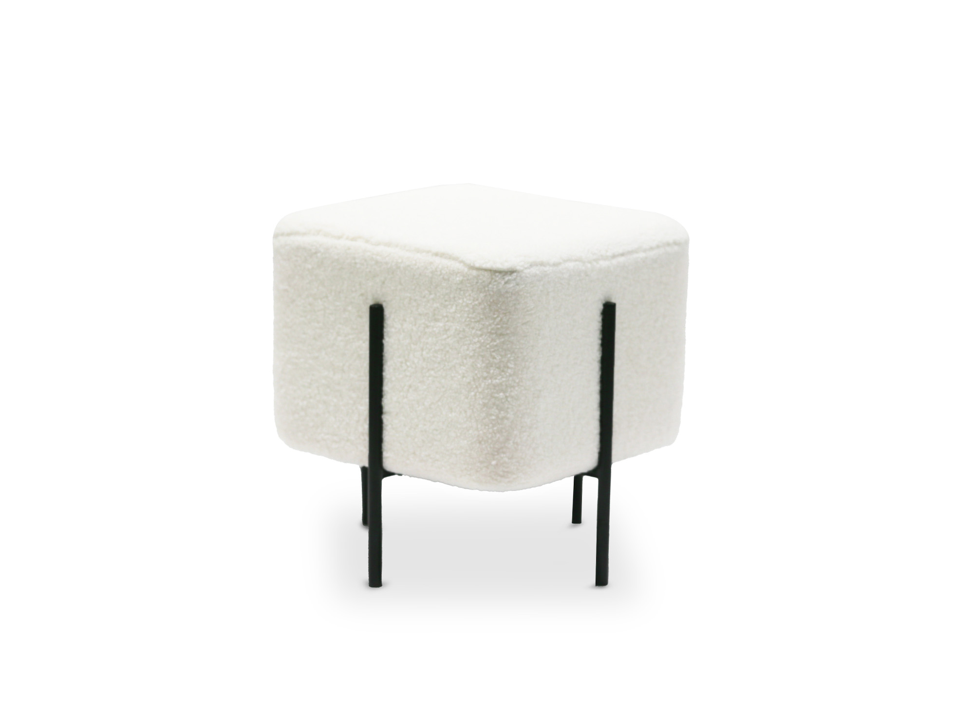 Pouf carré en tissu bouclette blanc écru et pieds en métal noir CUBIC