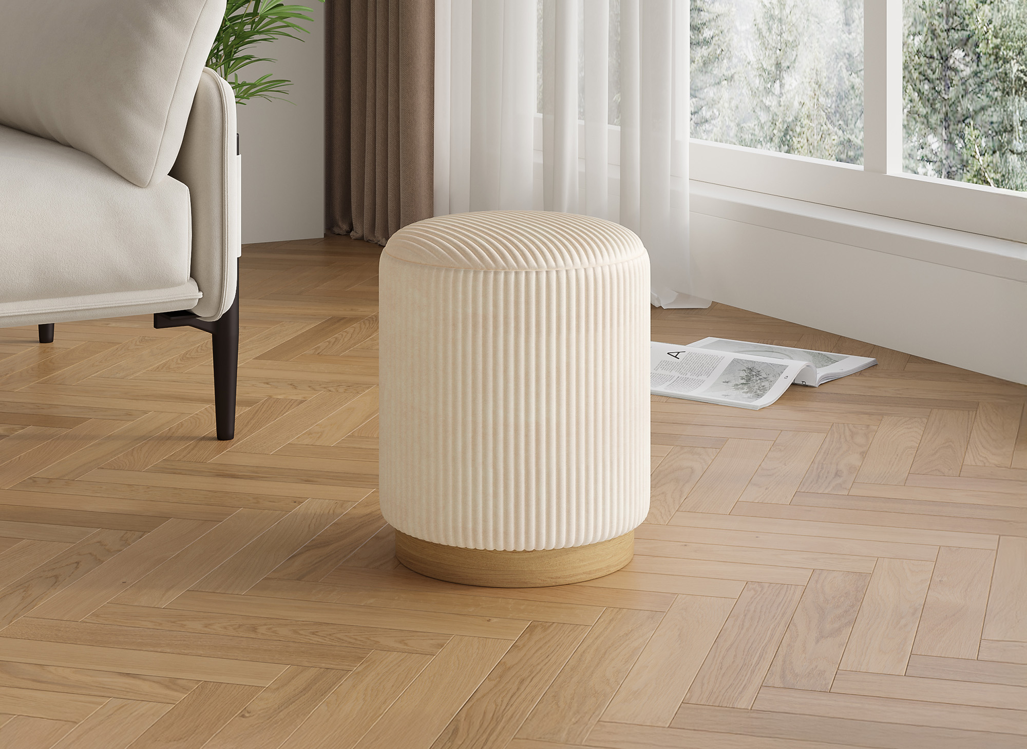 Pouf design en velours côtelé beige et bois ROY