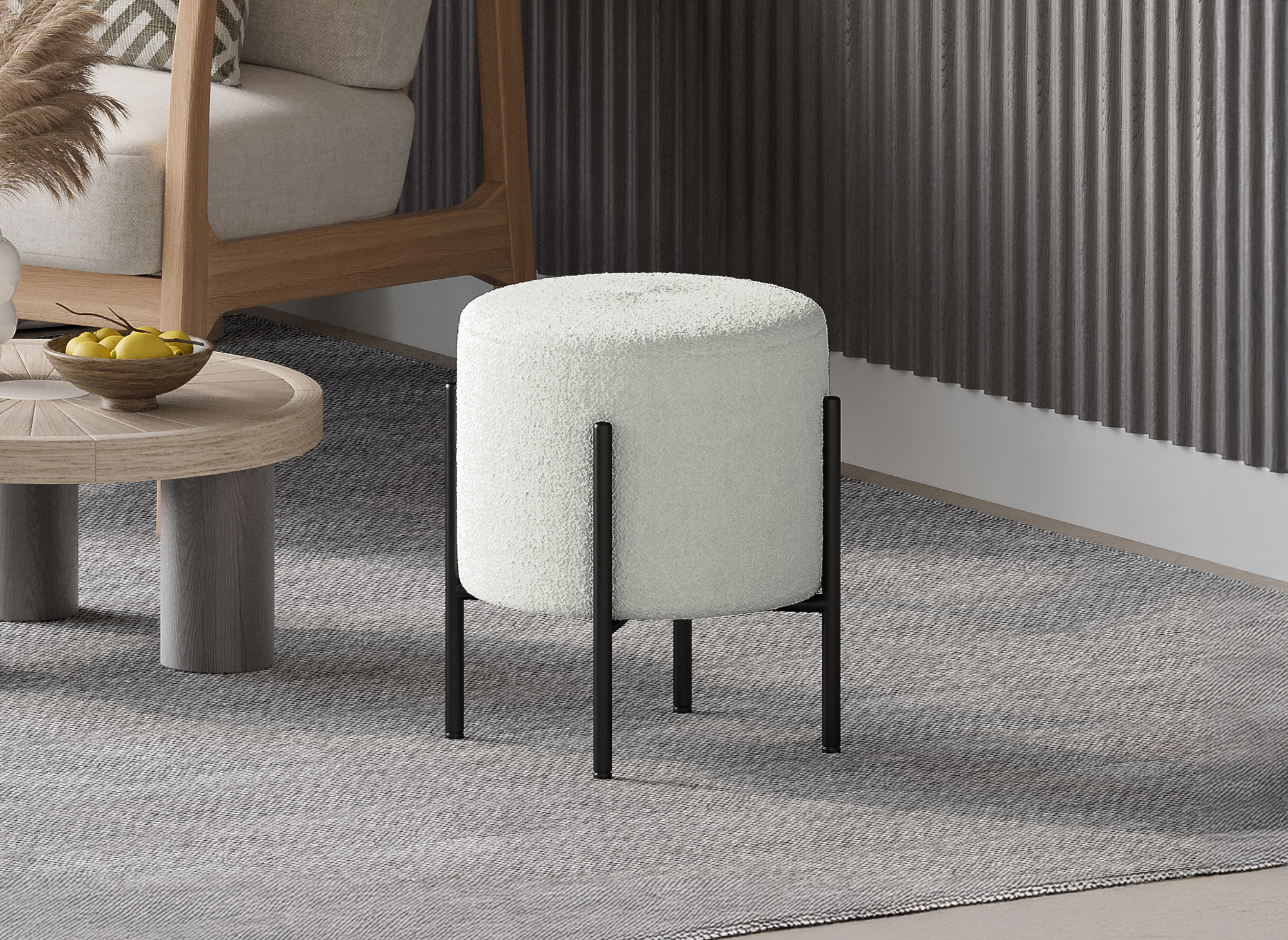 Pouf design en tissu bouclette blanc écru et pieds en métal noir LIREN