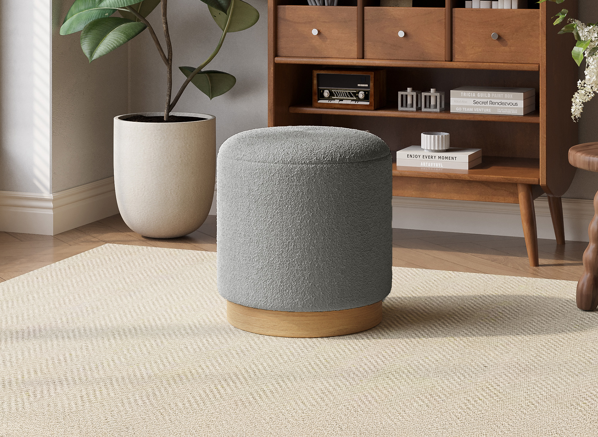 Pouf en tissu effet peau de mouton gris et bois DENIA